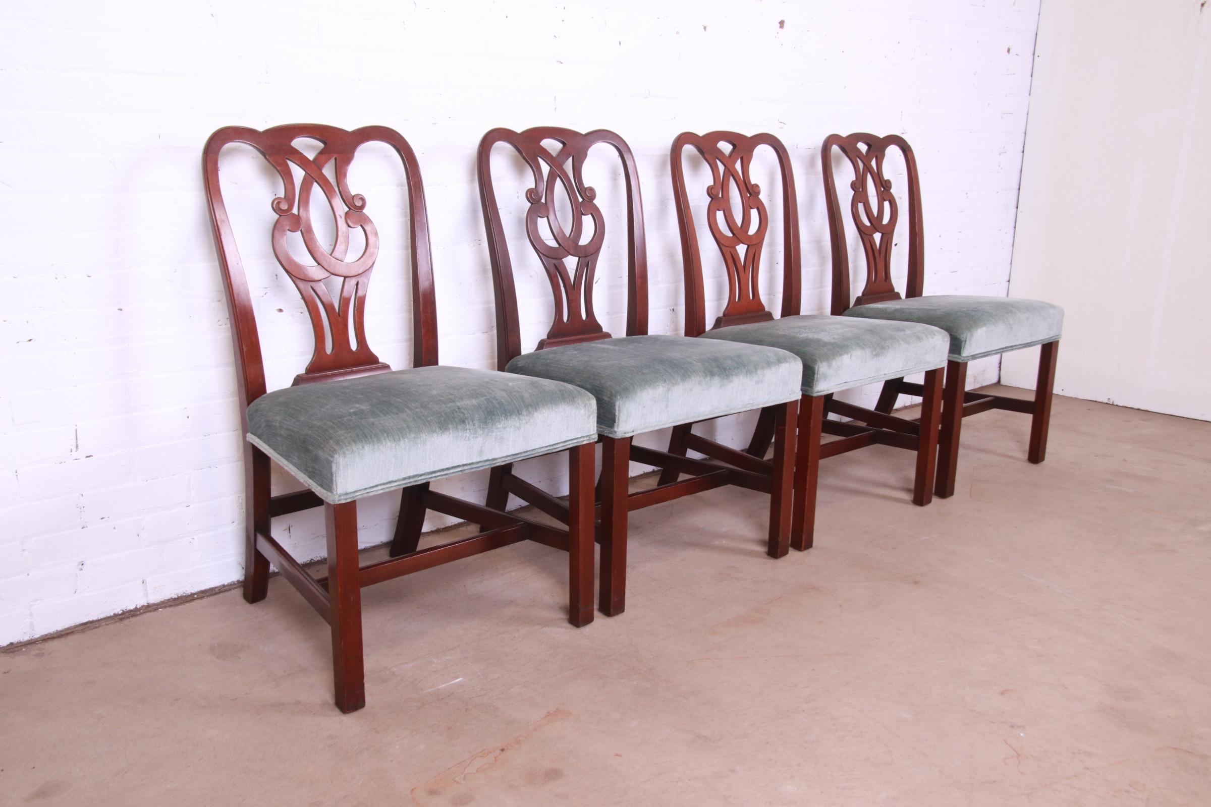 Velvet Baker Furniture Georgian Carved Mahogany Dining Chairs, Set of Four