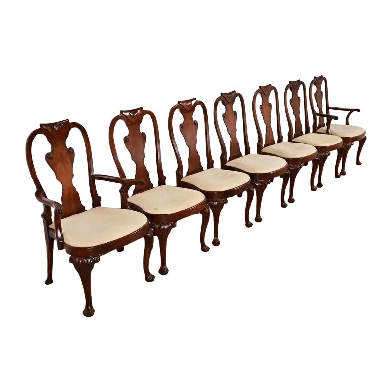 Baker Furniture Georgian Carved Mahogany Dining Chairs, Set of Seven
