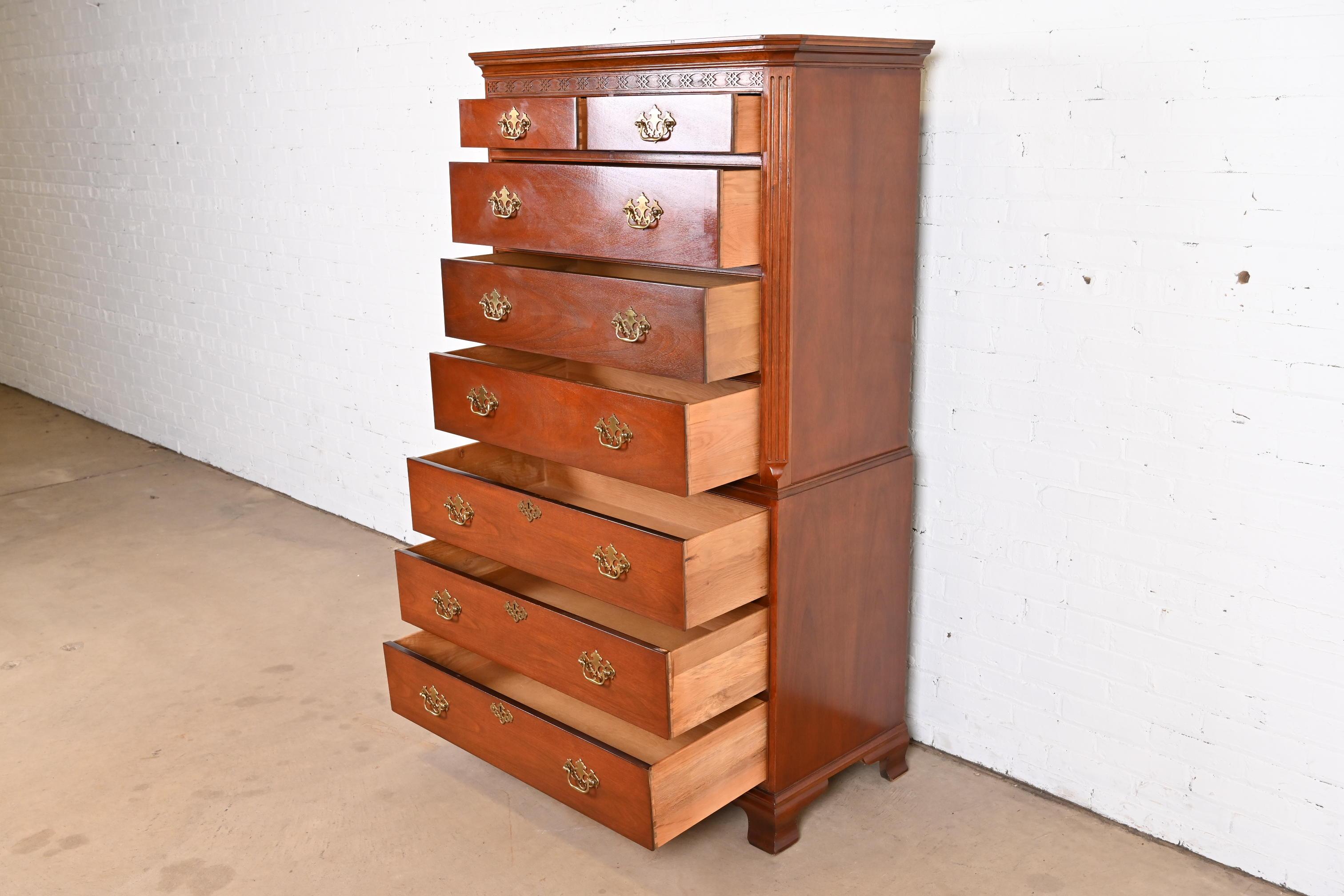 Brass Baker Furniture Georgian Carved Mahogany Eight-Drawer Highboy Dresser For Sale