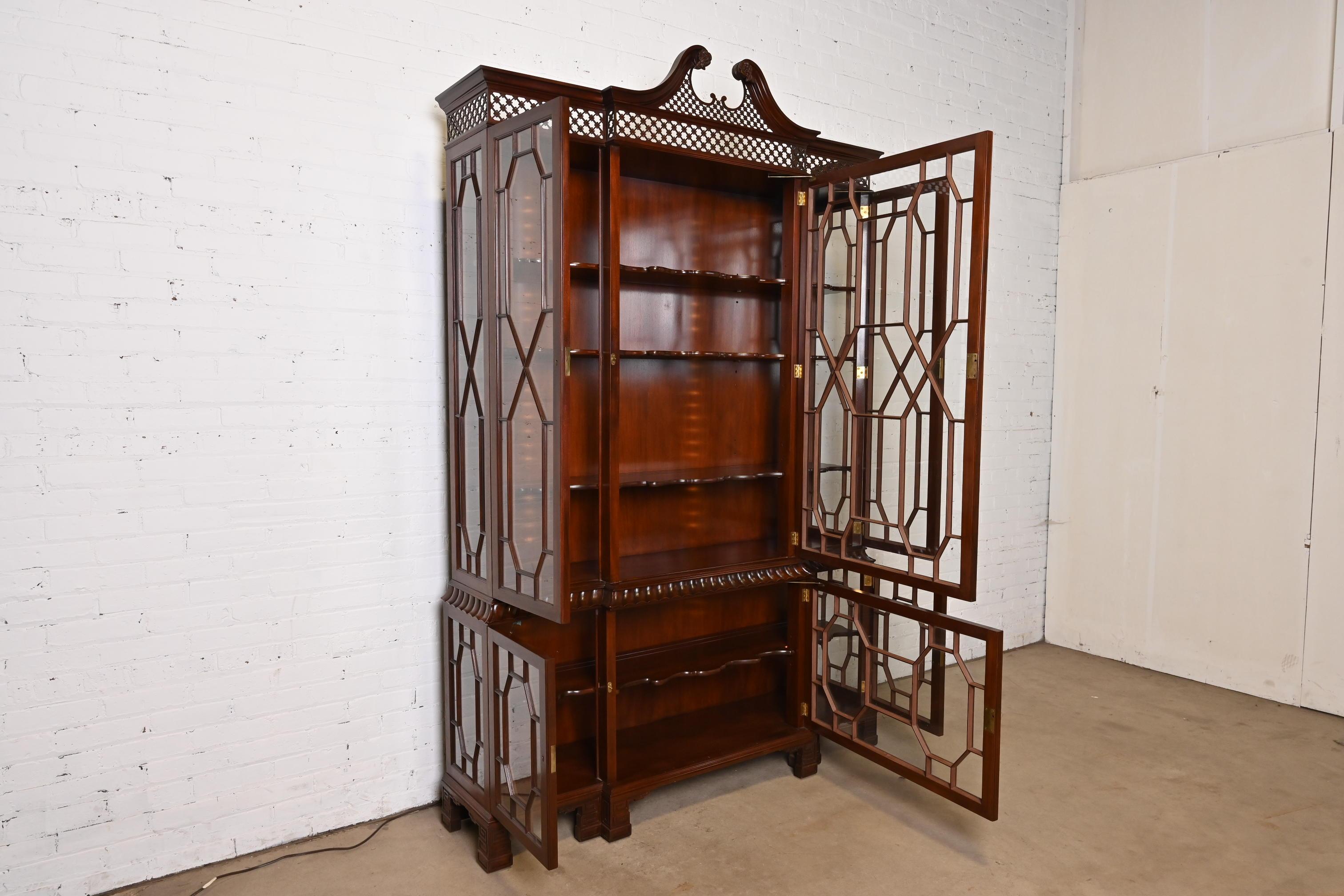 Glass Baker Furniture Georgian Carved Mahogany Lighted Breakfront Bookcase