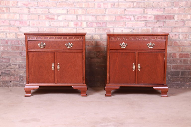 American Baker Furniture Georgian Carved Mahogany Nightstands, Newly Refinished For Sale