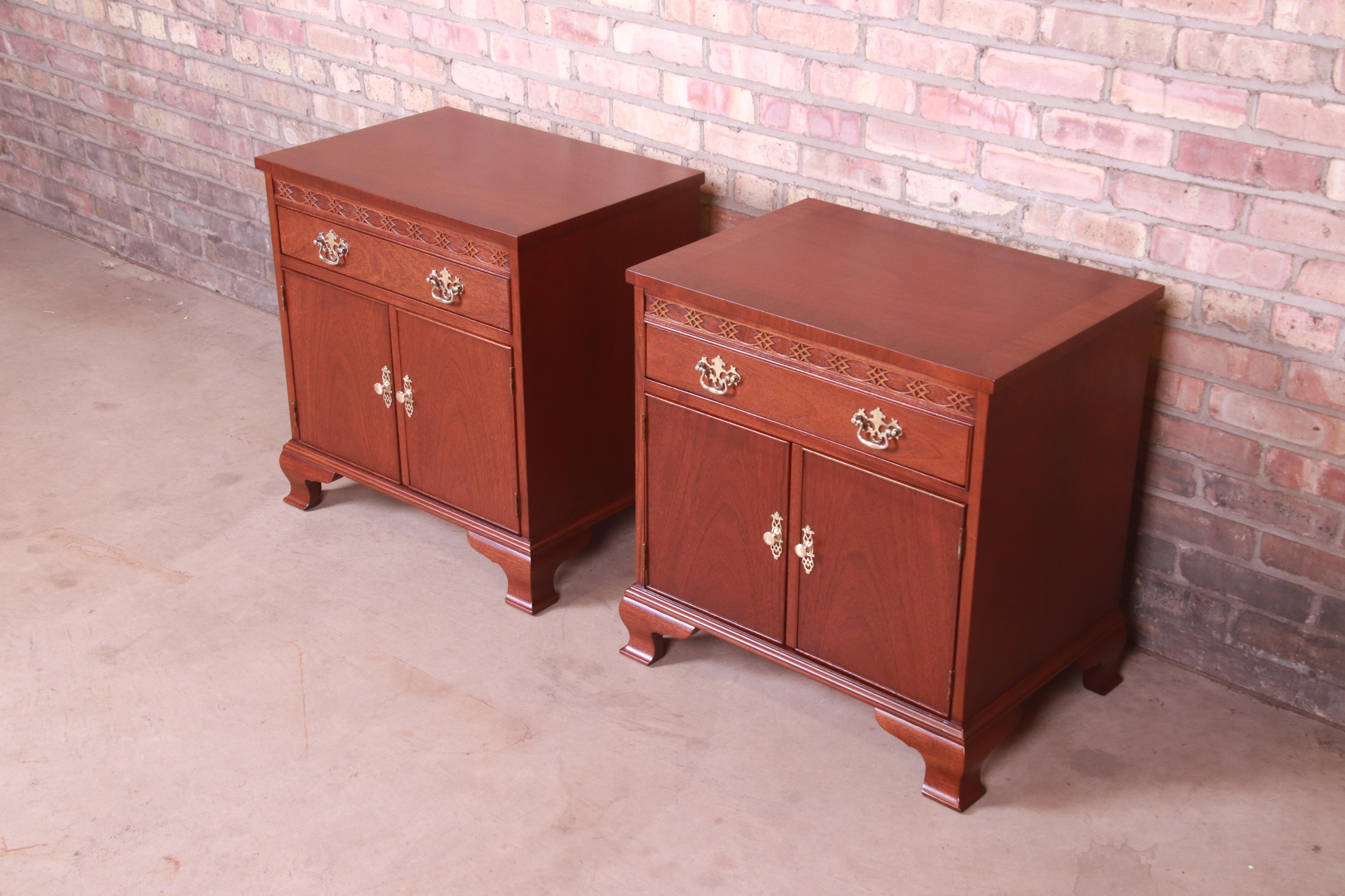 American Baker Furniture Georgian Carved Mahogany Nightstands, Newly Refinished For Sale