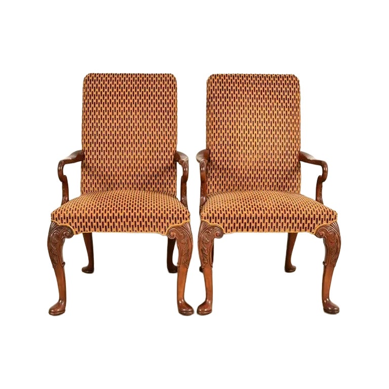 Baker Furniture Georgian Carved Mahogany Open Arm Library Chairs, Pair