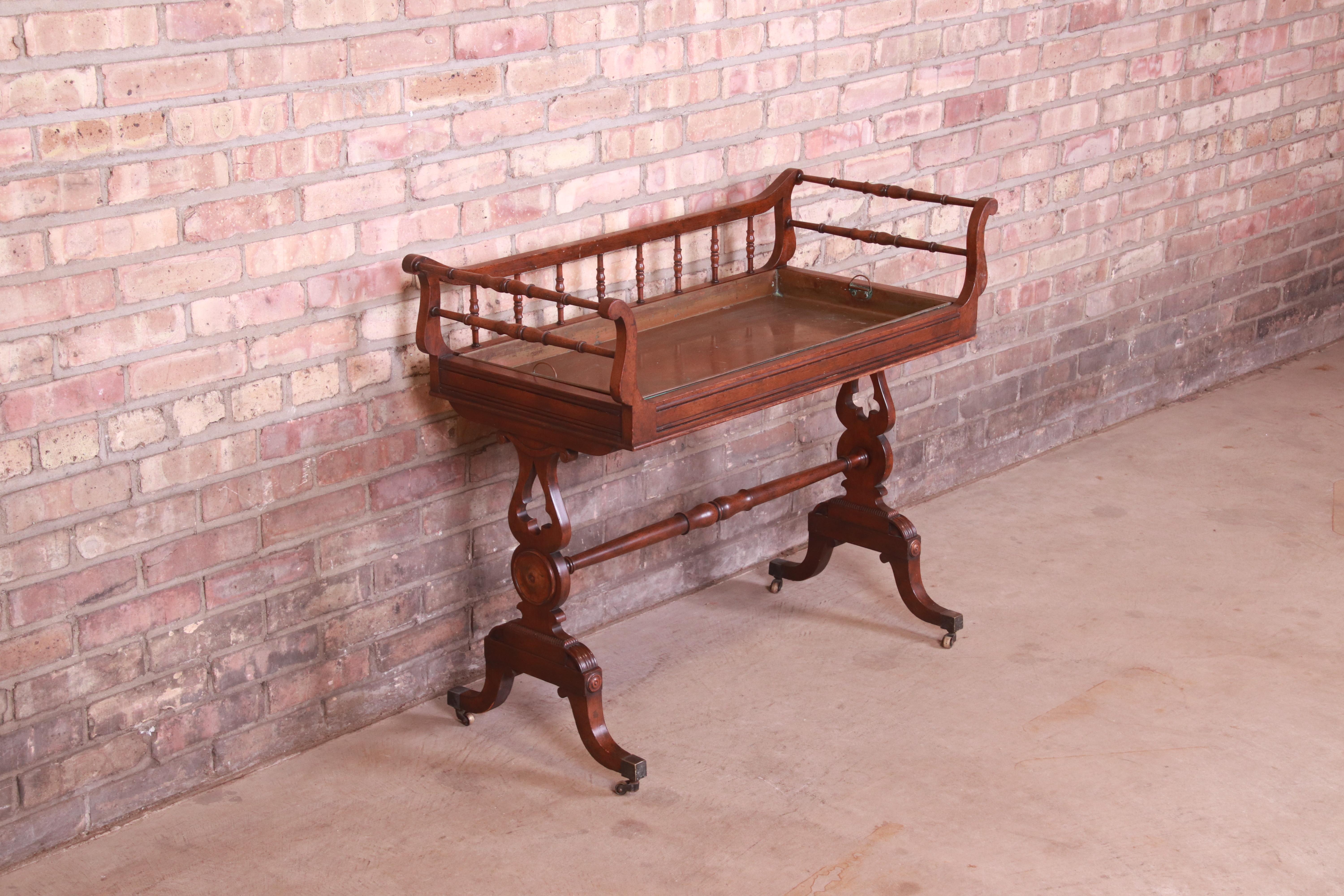 20th Century Baker Furniture Georgian Carved Mahogany Tea Table with Removable Copper Tray For Sale