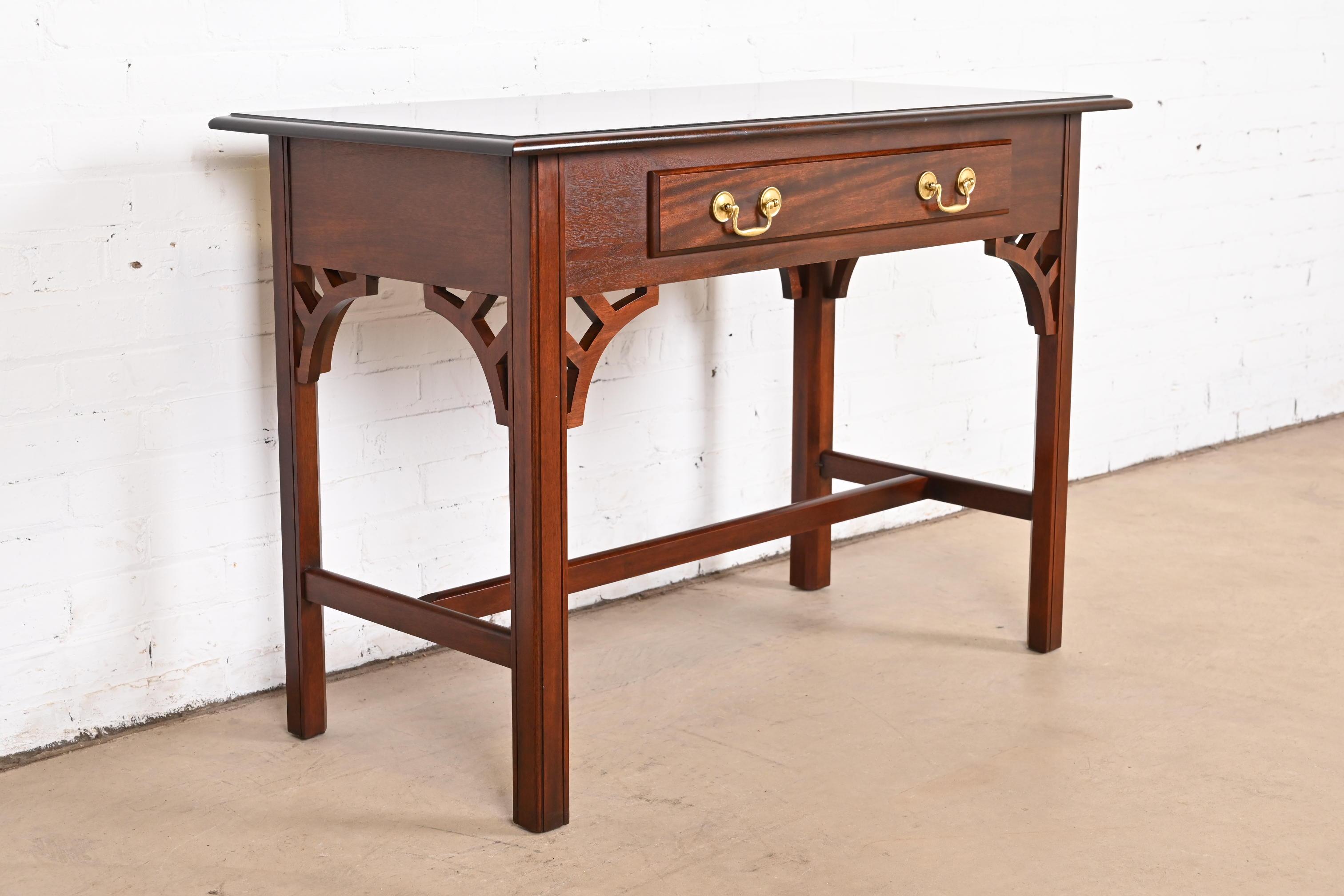 Brass Baker Furniture Georgian Carved Mahogany Writing Desk or Console Table For Sale