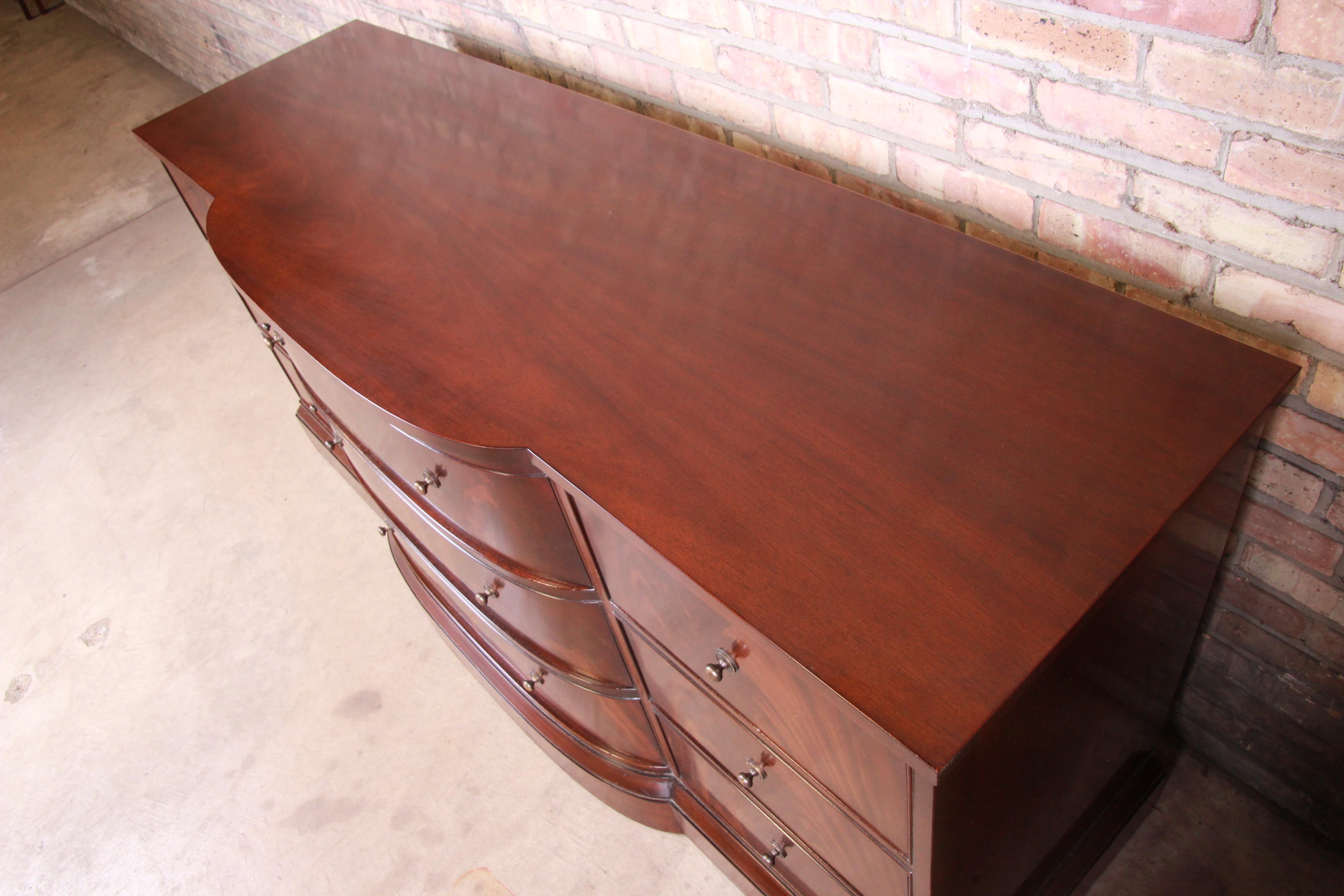 American Baker Furniture Georgian Flame Mahogany Bow Front Triple Dresser or Credenza