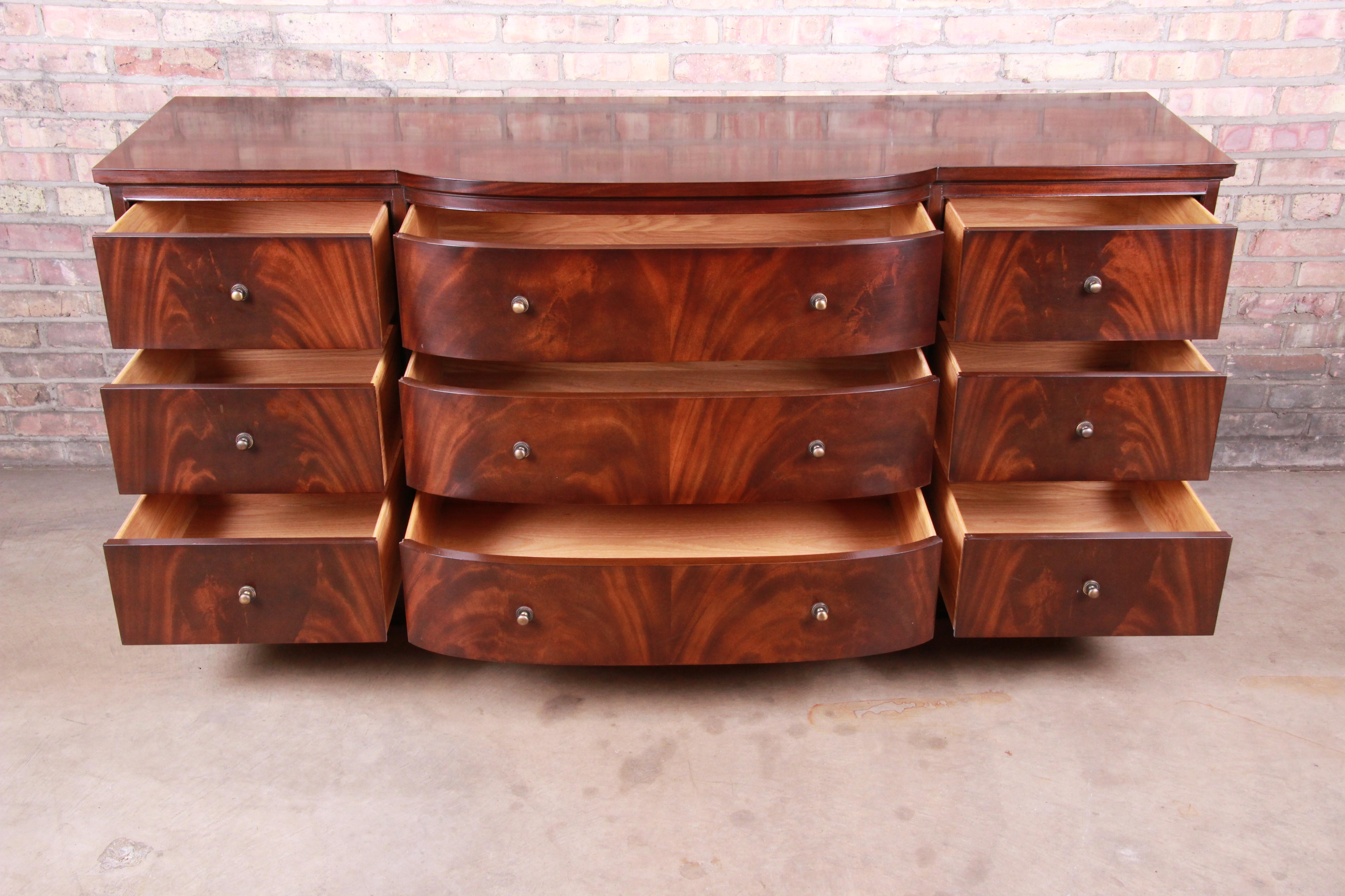 Baker Furniture Georgian Flame Mahogany Bow Front Triple Dresser or Credenza In Good Condition In South Bend, IN