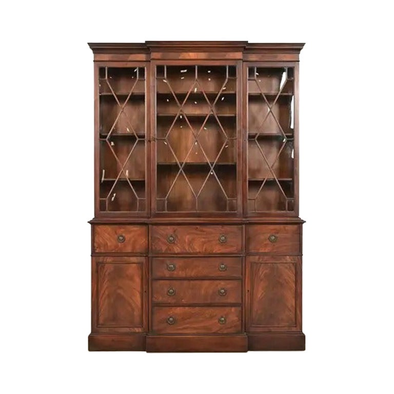 Baker Furniture Georgian Flame Mahogany Breakfront Bookcase Cabinet, Circa 1940s