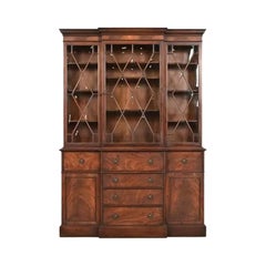 Baker Furniture Georgian Flame Mahogany Breakfront Bookcase Cabinet, Circa 1940s