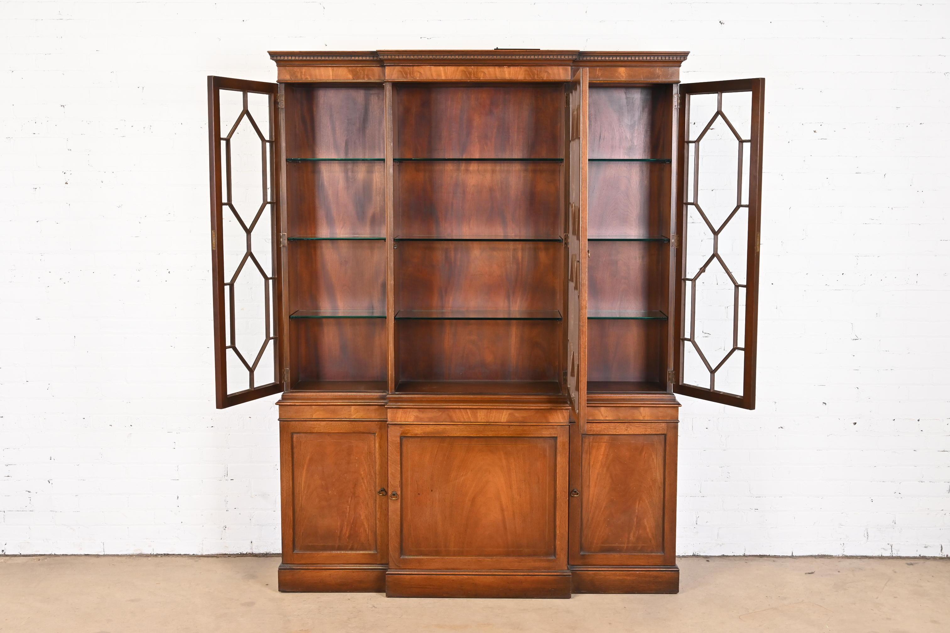 American Baker Furniture Georgian Flame Mahogany Breakfront Bookcase Cabinet