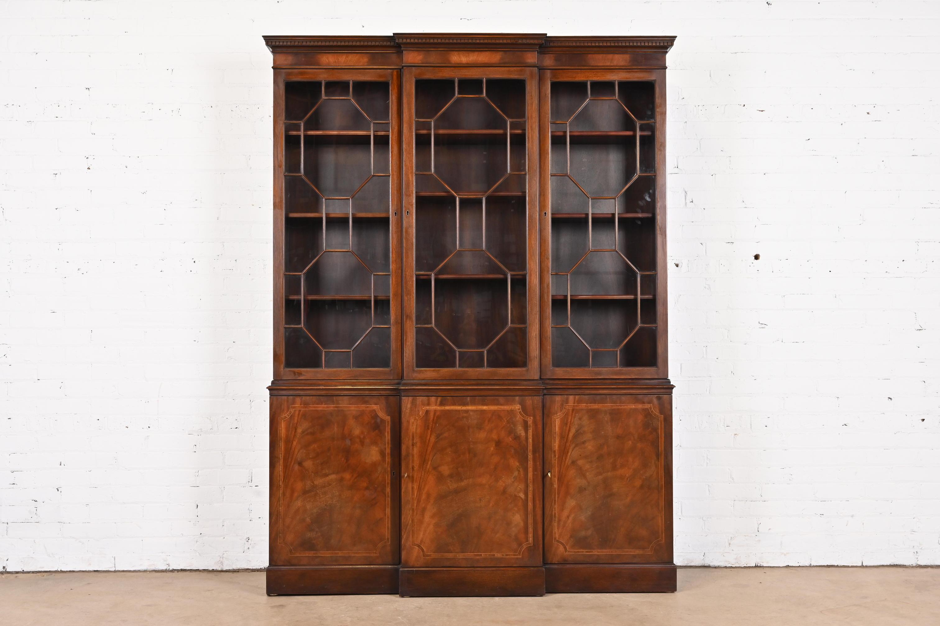 American Baker Furniture Georgian Flame Mahogany Breakfront Bookcase Cabinet