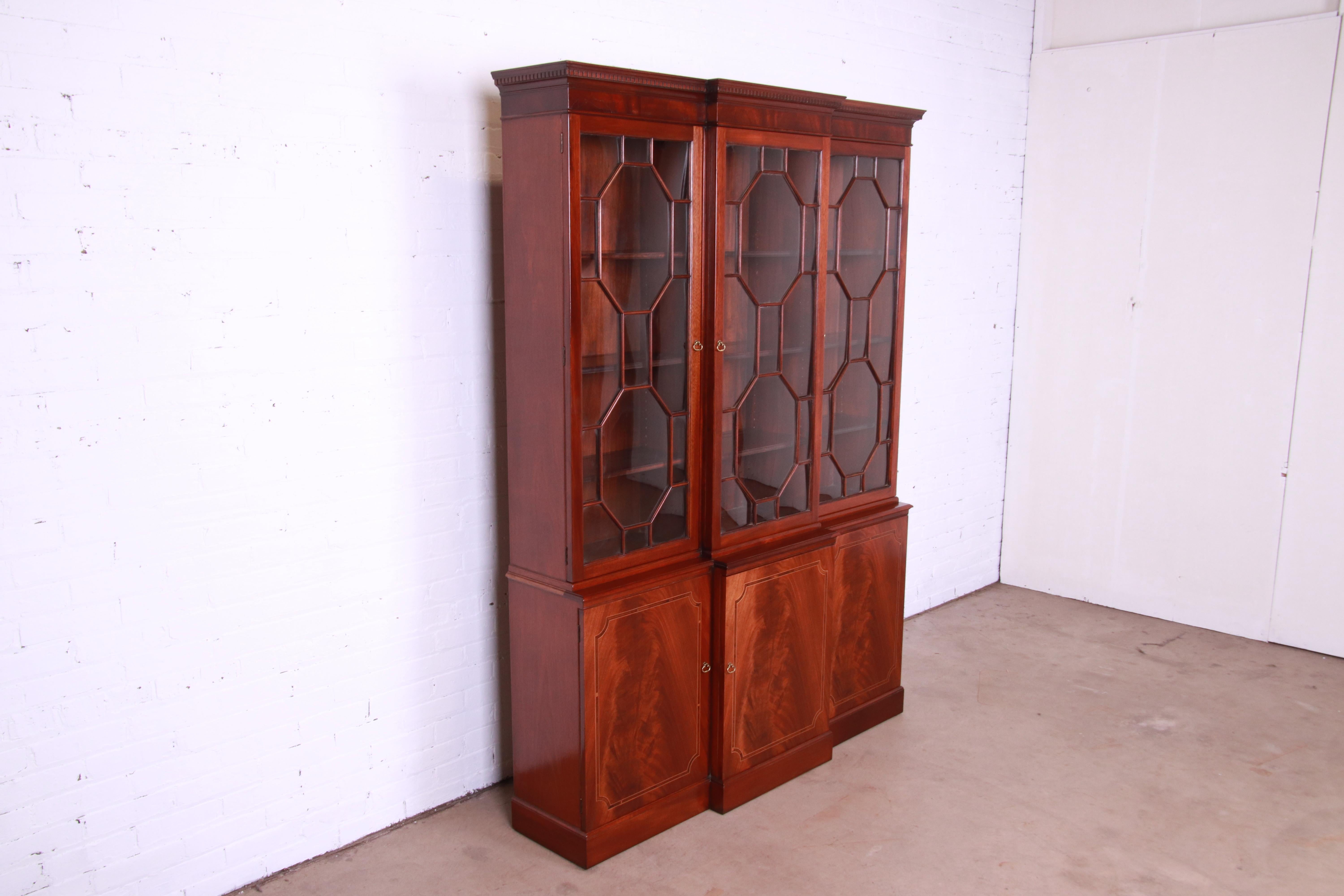 20th Century Baker Furniture Georgian Flame Mahogany Breakfront Bookcase Cabinet