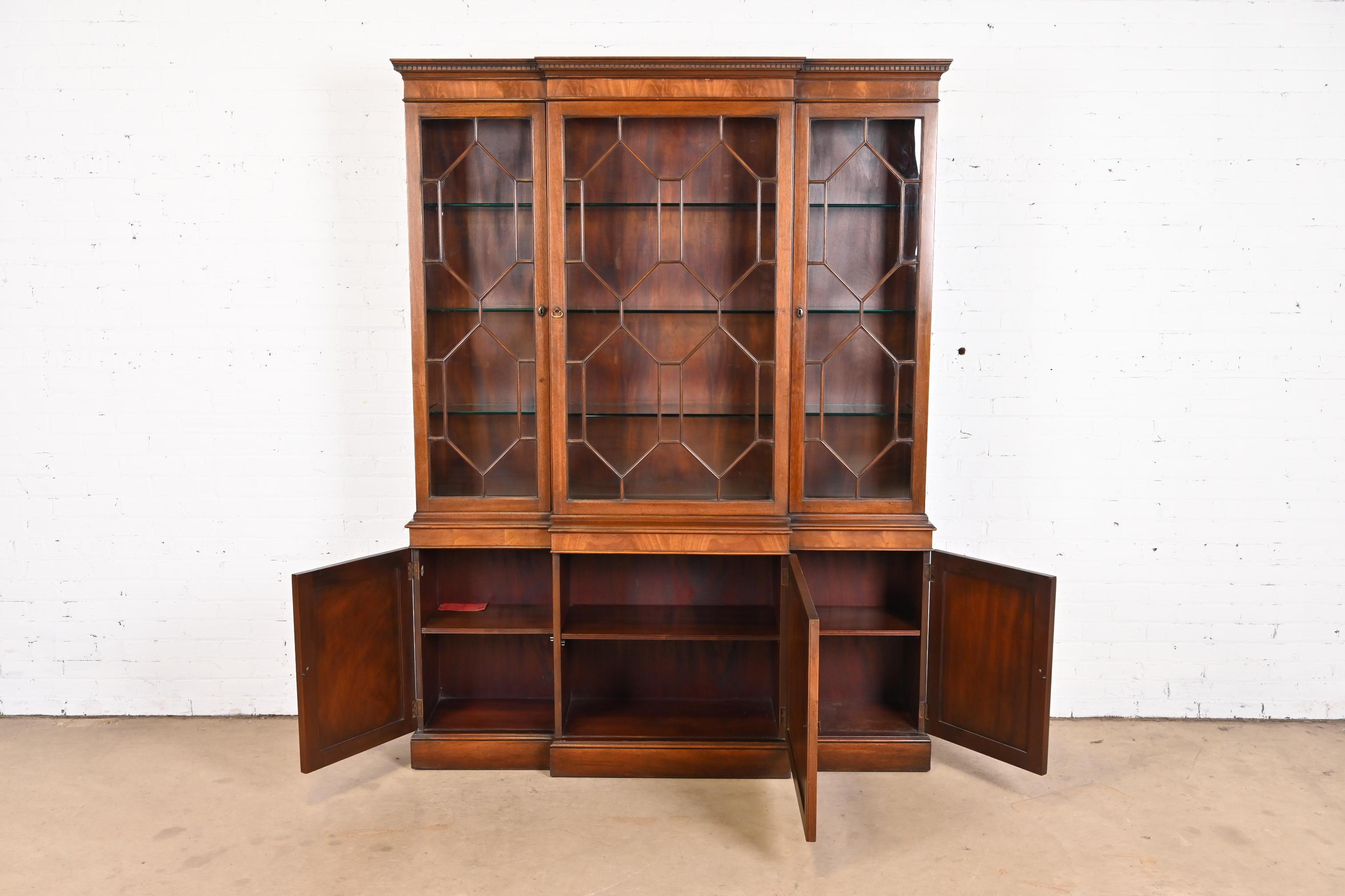 Mid-20th Century Baker Furniture Georgian Flame Mahogany Breakfront Bookcase Cabinet