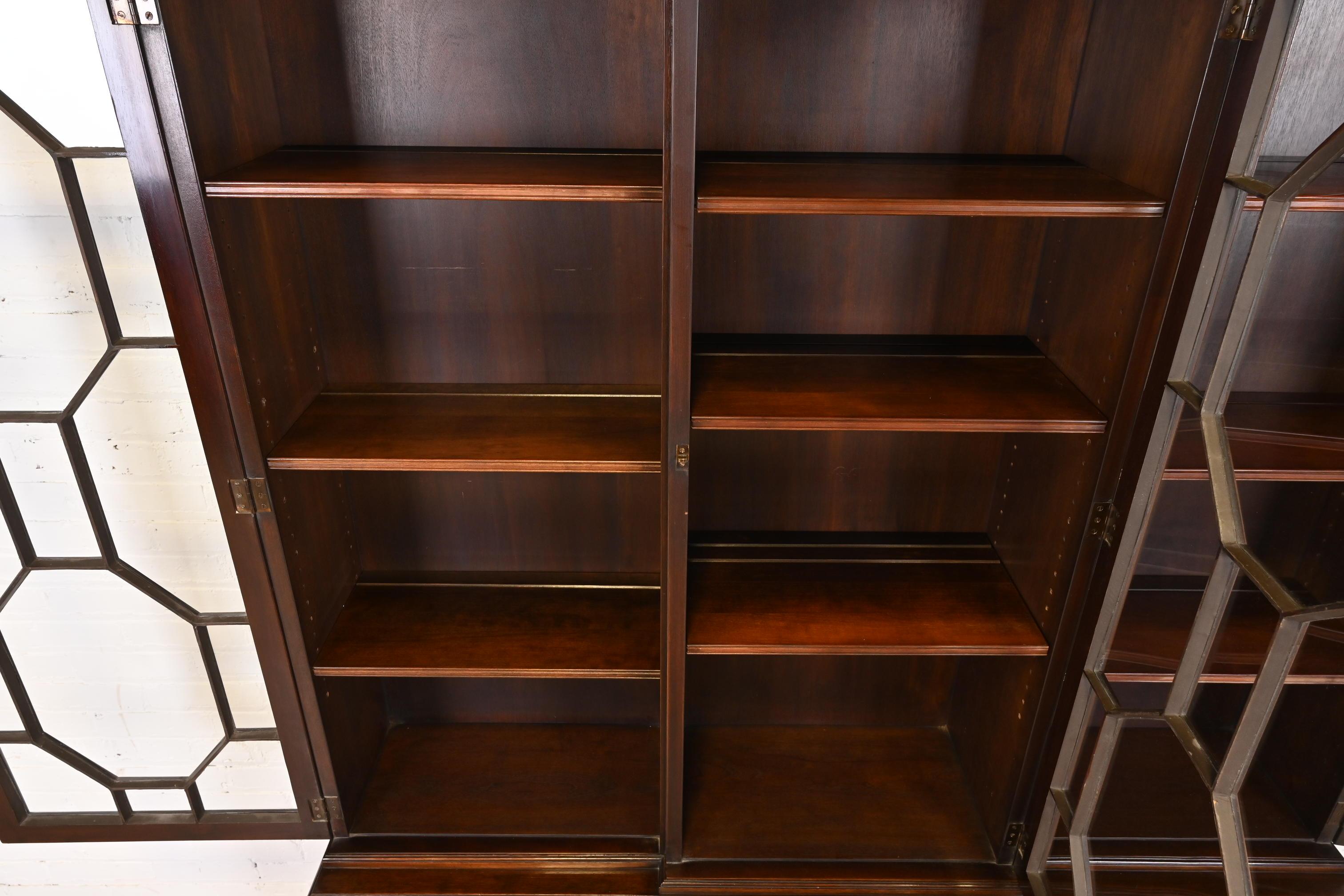 Mid-20th Century Baker Furniture Georgian Flame Mahogany Breakfront Bookcase Cabinet