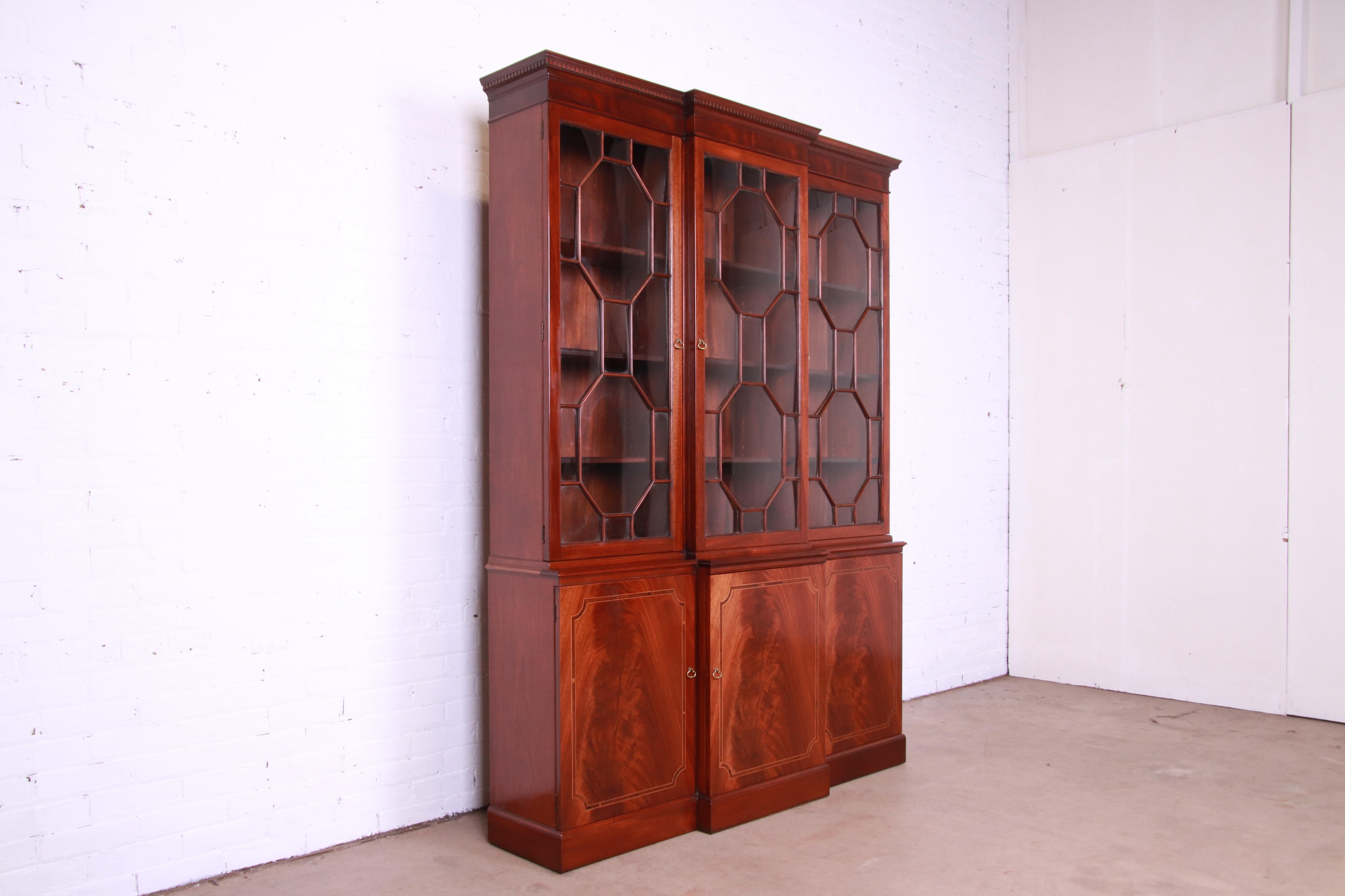Brass Baker Furniture Georgian Flame Mahogany Breakfront Bookcase Cabinet