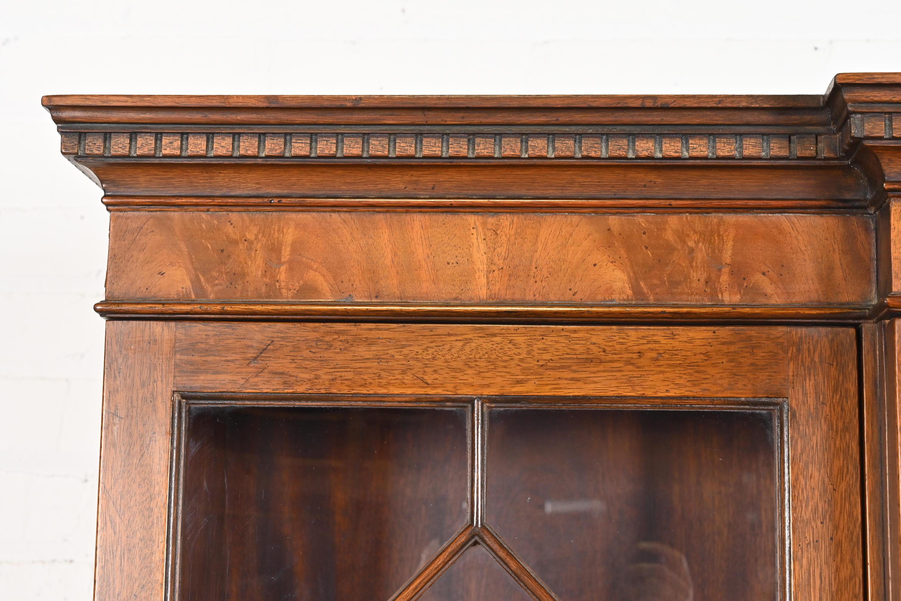 Brass Baker Furniture Georgian Flame Mahogany Breakfront Bookcase Cabinet