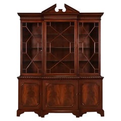 Baker Furniture Georgian Flame Mahogany Lighted Breakfront Bookcase Cabinet