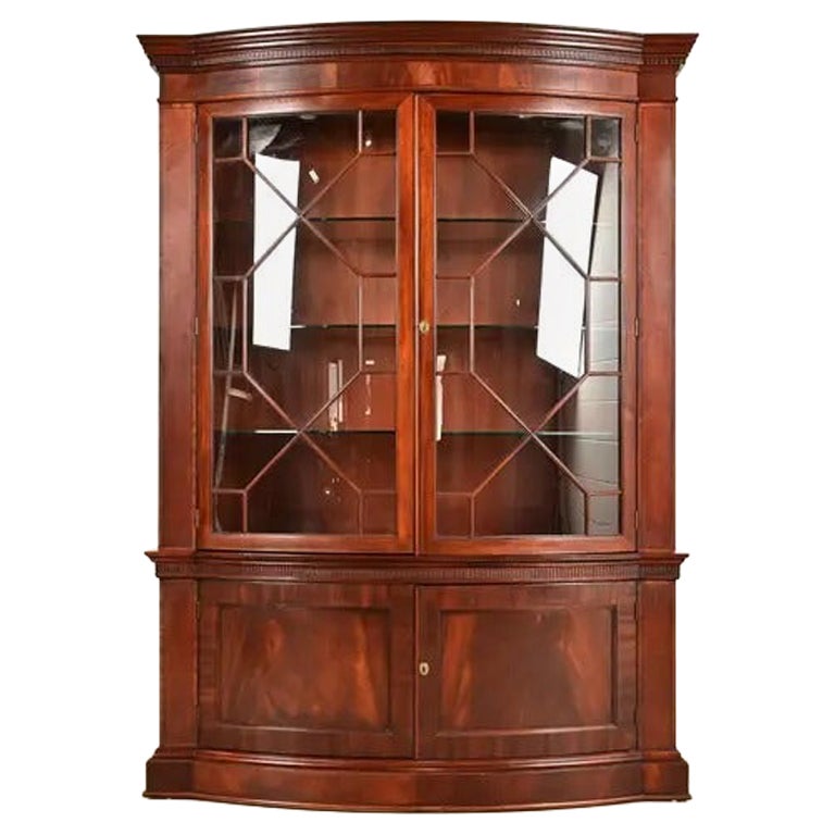 Baker Furniture Georgian Flame Mahogany Lighted Breakfront Bookcase Cabinet