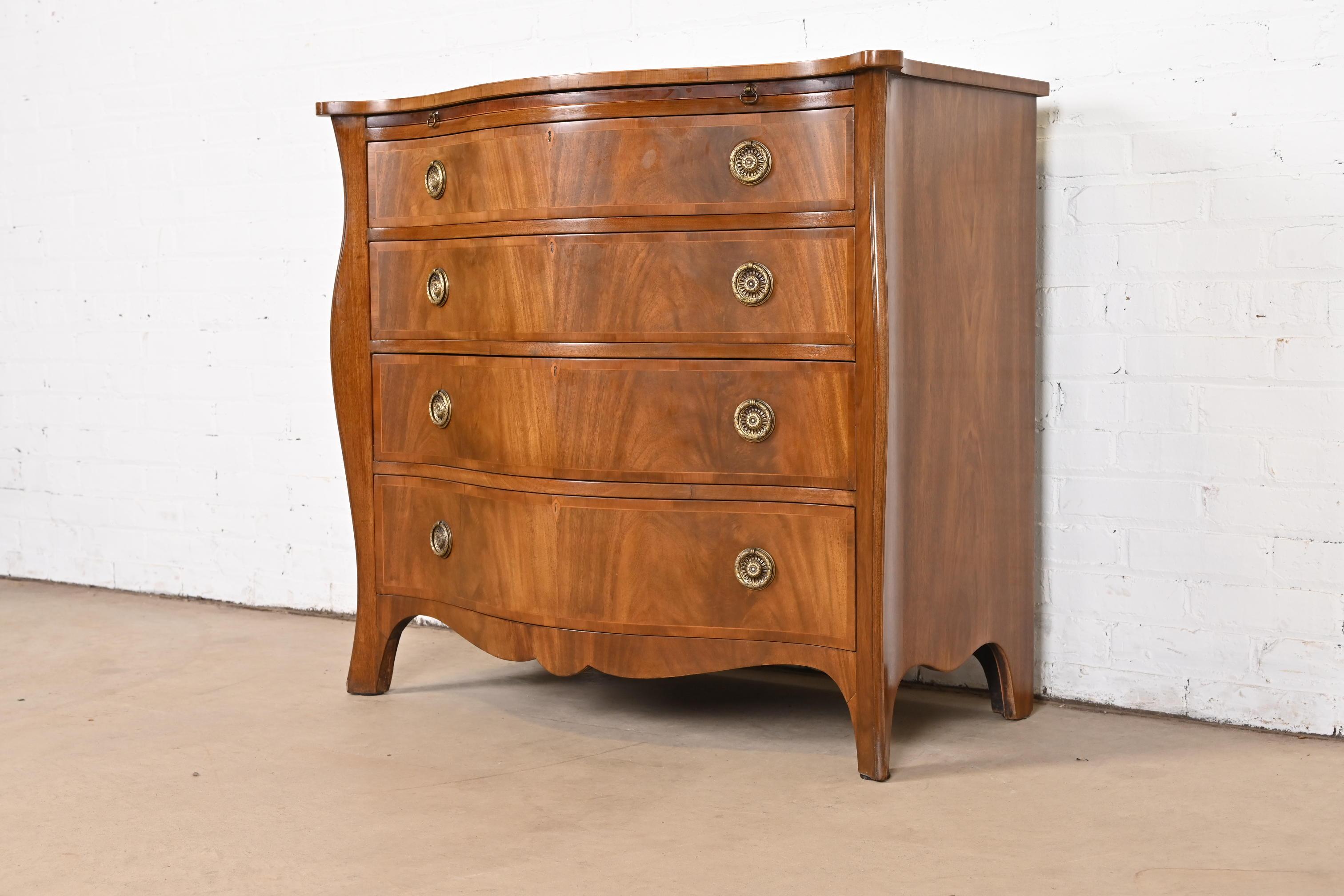 American Baker Furniture Georgian Flame Mahogany Serpentine Front Chest of Drawers, 1940s For Sale