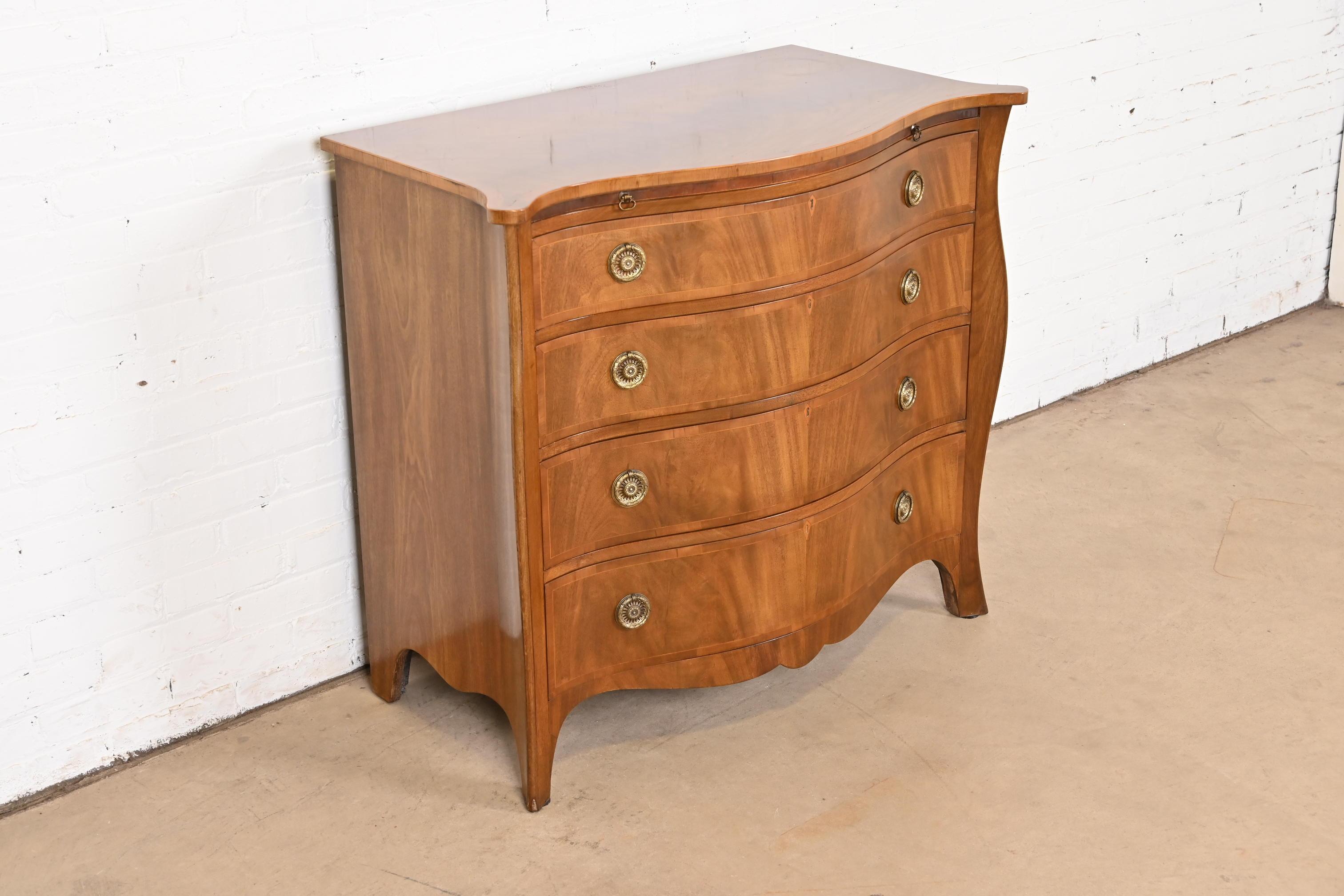 Brass Baker Furniture Georgian Flame Mahogany Serpentine Front Chest of Drawers, 1940s For Sale
