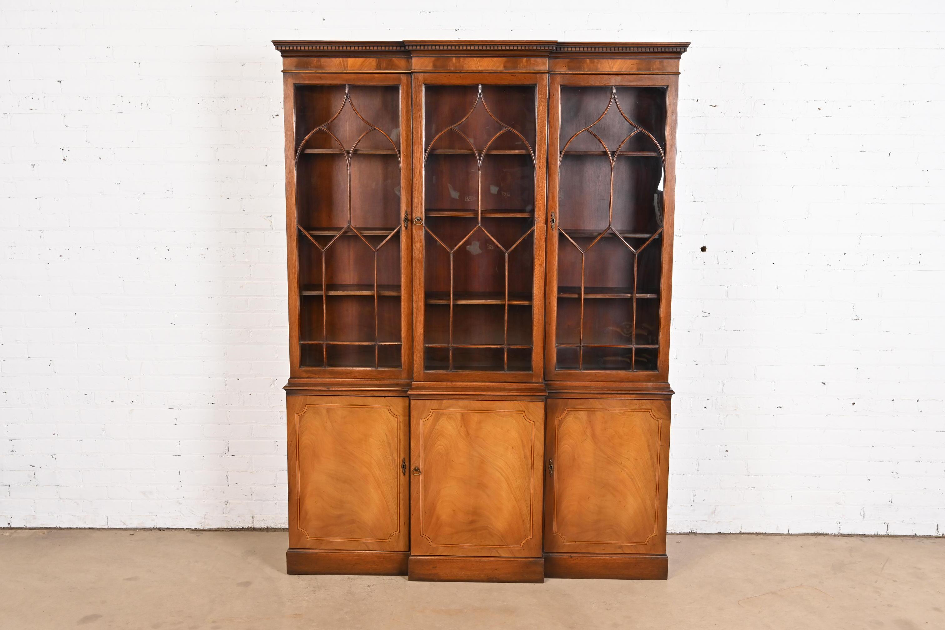 American Baker Furniture Georgian Inlaid Flame Mahogany Breakfront Bookcase Cabinet