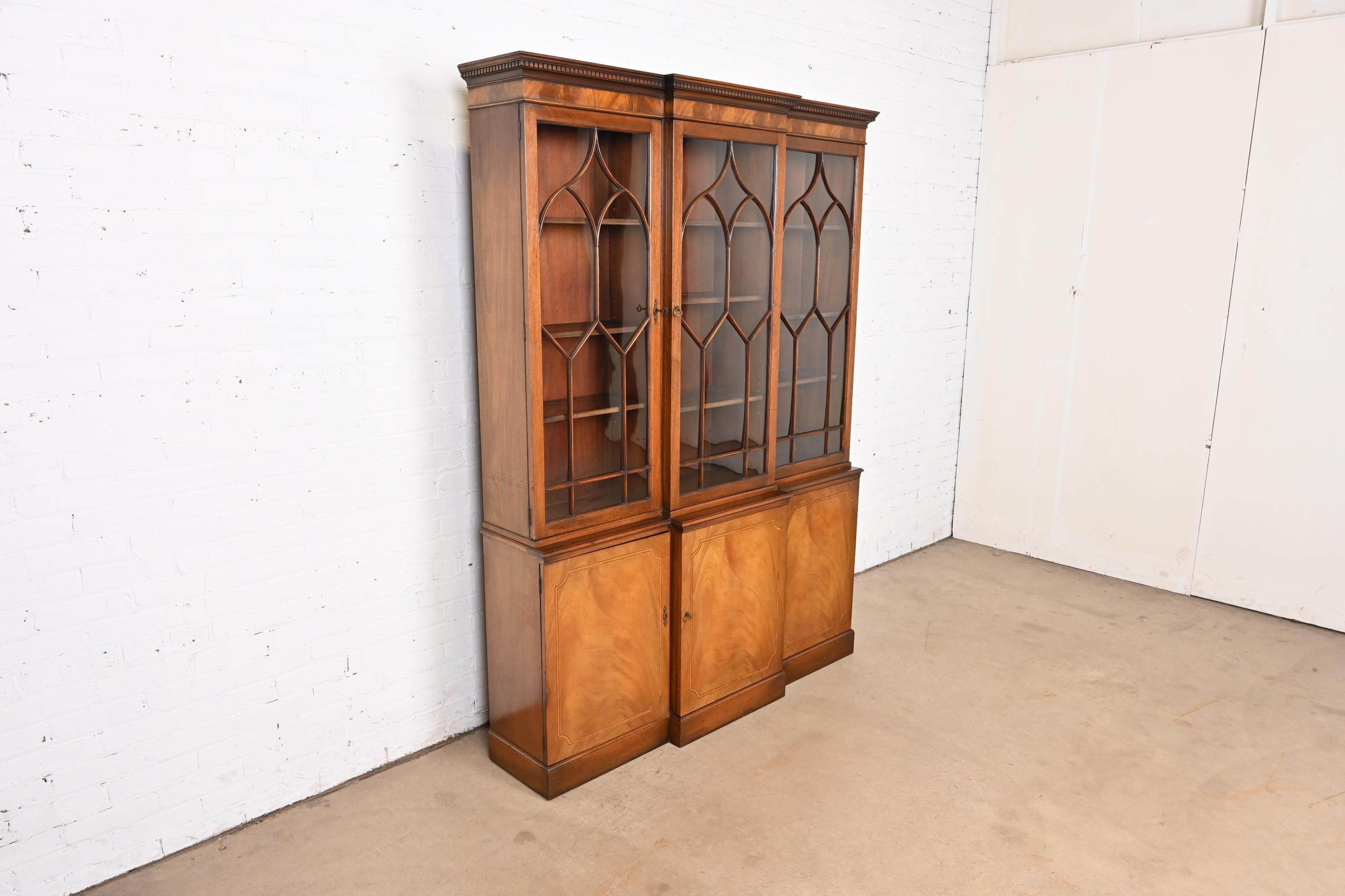 Mid-20th Century Baker Furniture Georgian Inlaid Flame Mahogany Breakfront Bookcase Cabinet