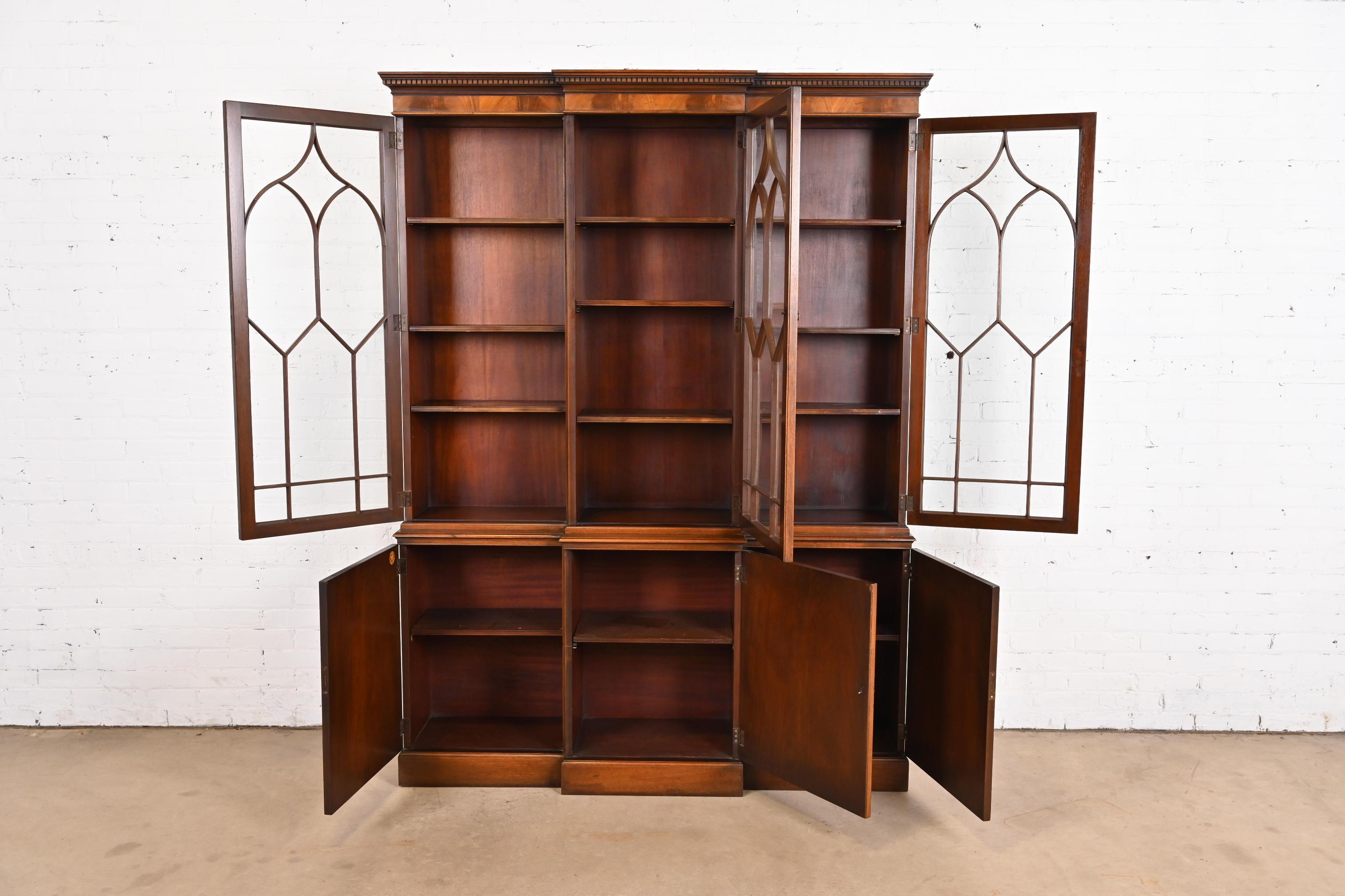 Brass Baker Furniture Georgian Inlaid Flame Mahogany Breakfront Bookcase Cabinet