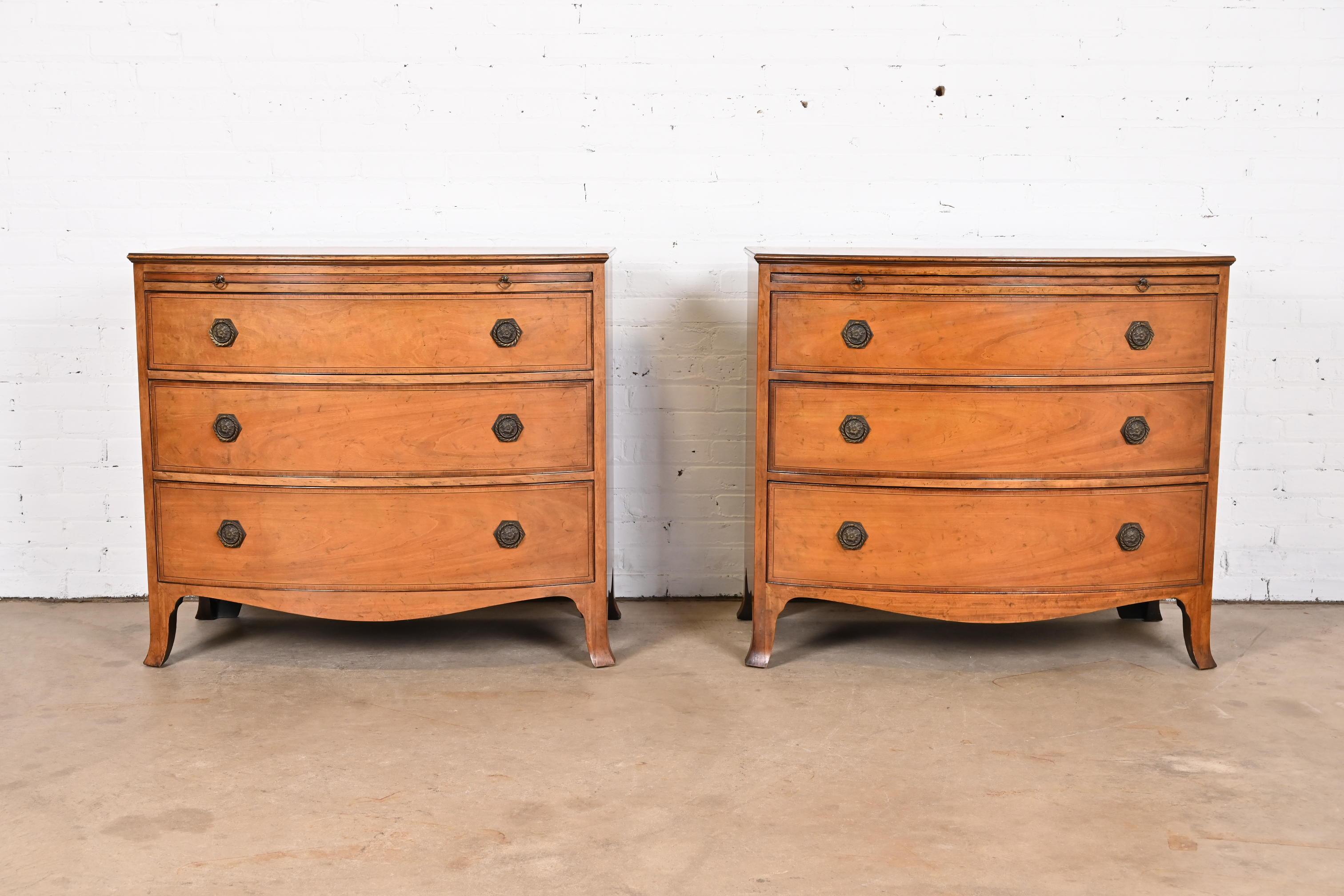 American Baker Furniture Georgian Inlaid Mahogany Bow Front Bachelor Chests, Pair