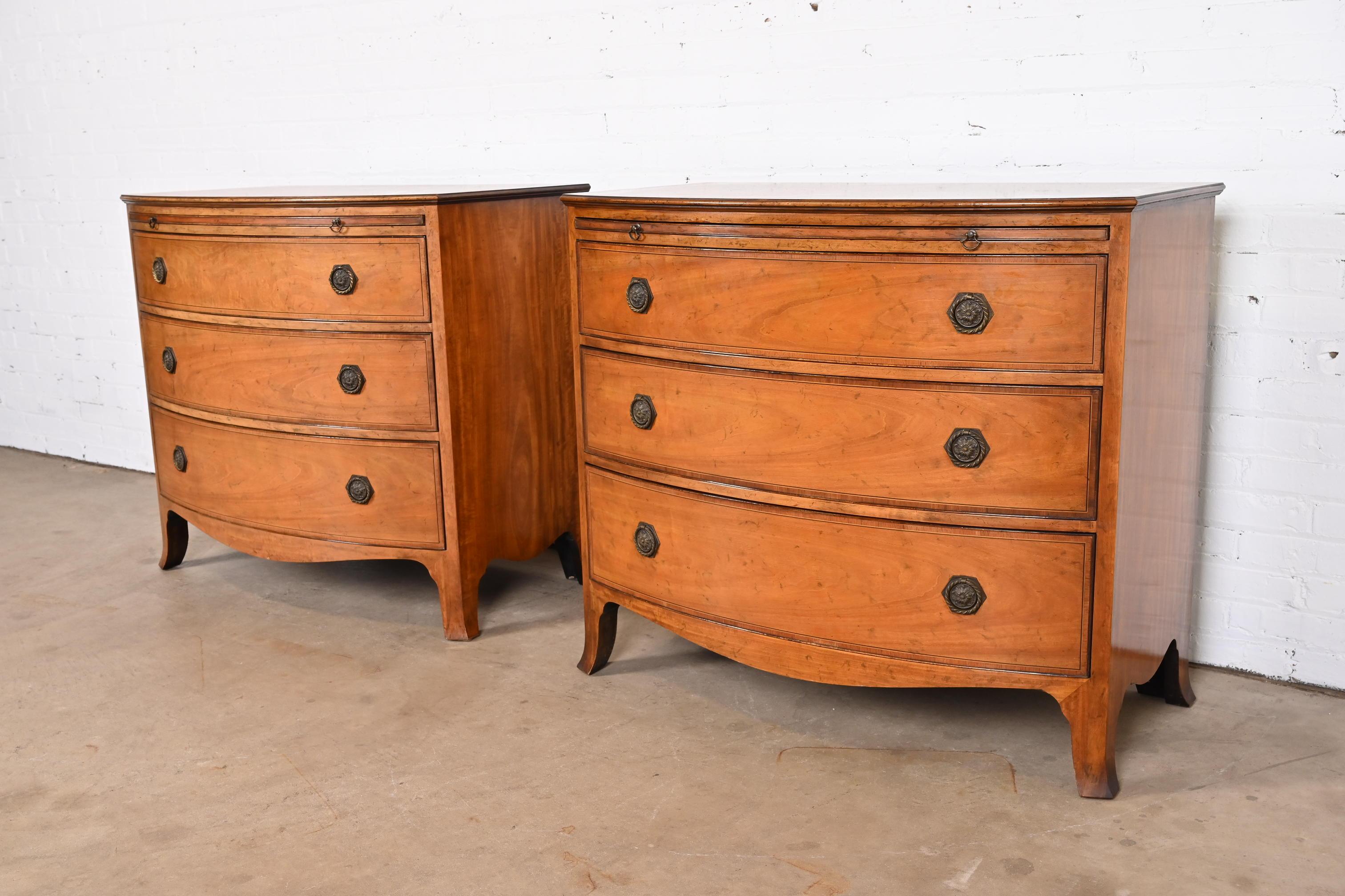Baker Furniture Georgian Inlaid Mahogany Bow Front Bachelor Chests, Pair In Good Condition In South Bend, IN