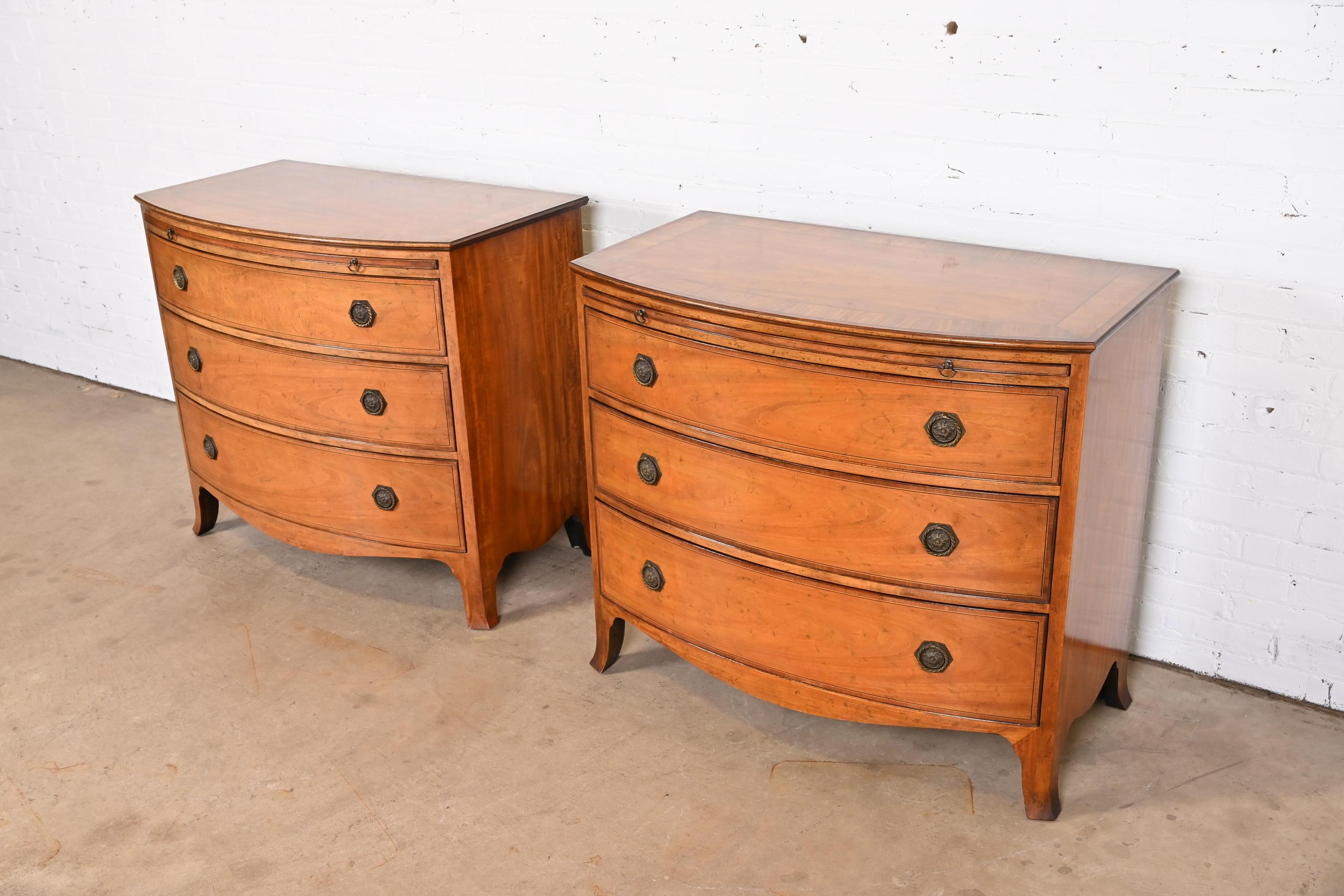 20th Century Baker Furniture Georgian Inlaid Mahogany Bow Front Bachelor Chests, Pair