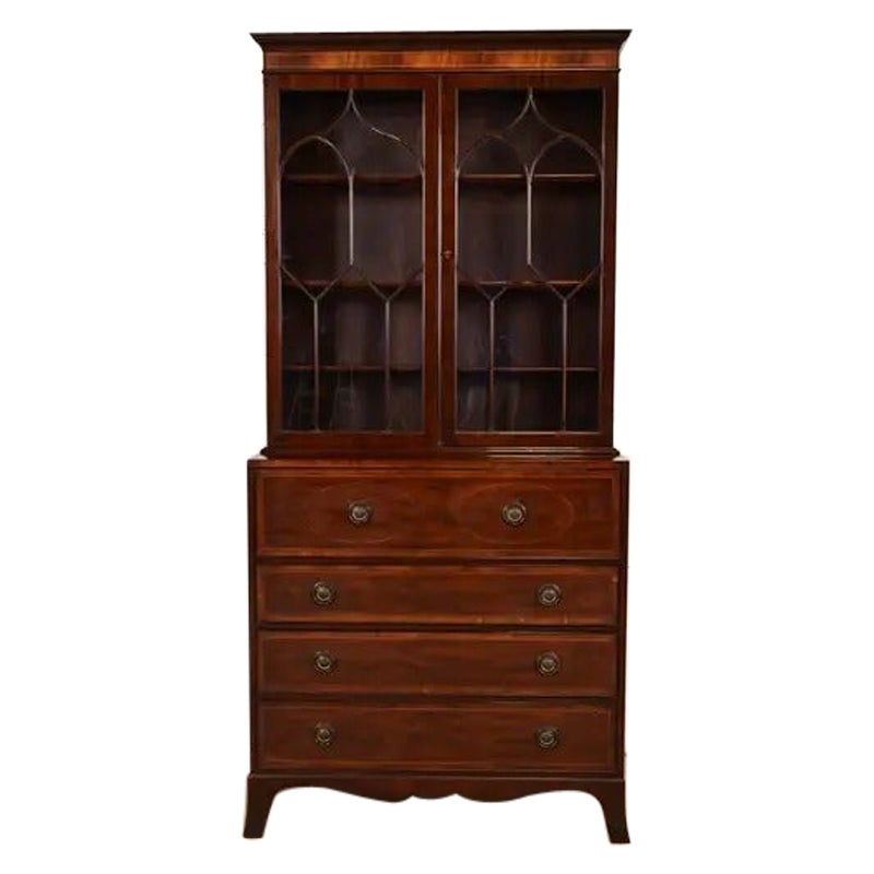 Baker Furniture Georgian Inlaid Mahogany Breakfront Bookcase Cabinet For Sale