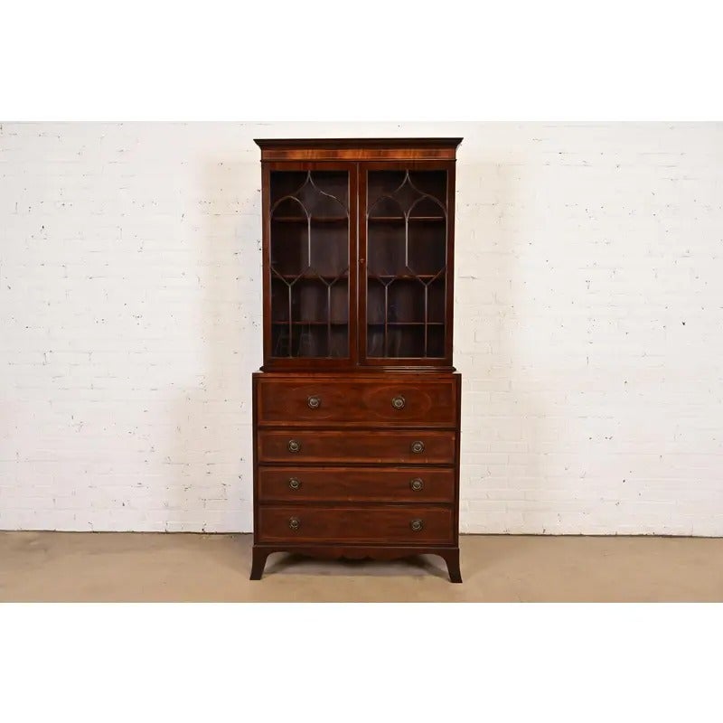 Baker Furniture Georgian Inlaid Mahogany Breakfront Bookcase Cabinet