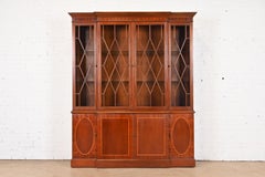 Baker Furniture Georgian Inlaid Mahogany Lighted Breakfront Bookcase Cabinet