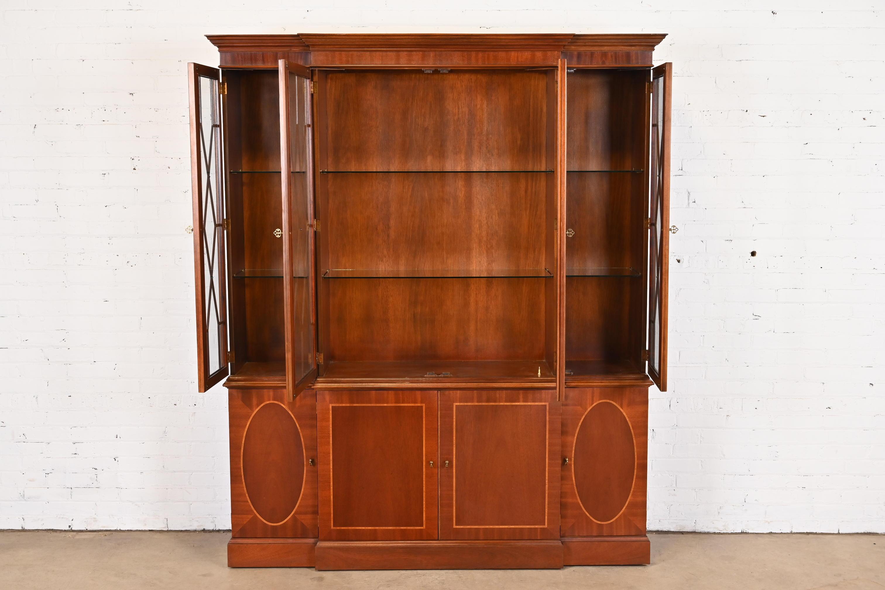 20th Century Baker Furniture Georgian Inlaid Mahogany Lighted Breakfront Bookcase Cabinet