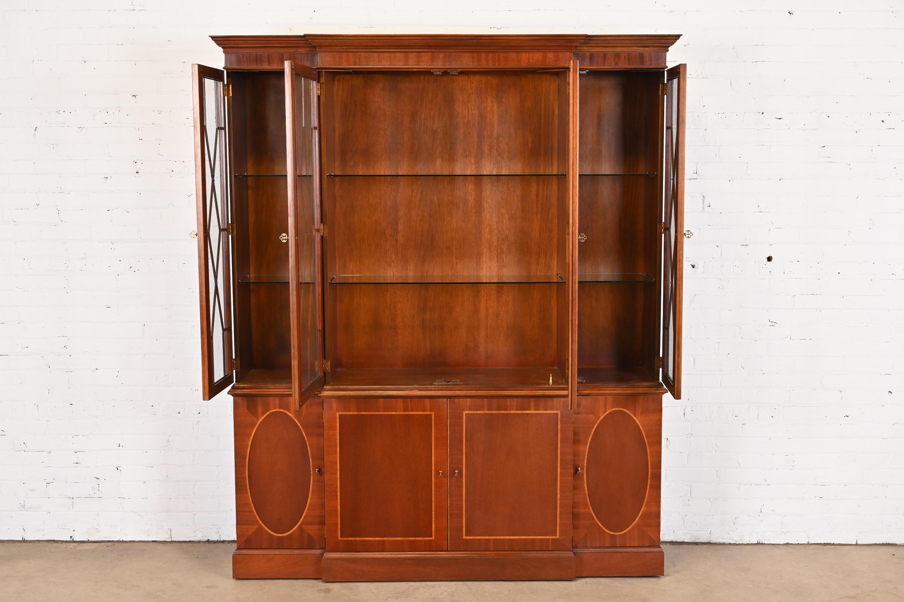 Baker Furniture Georgian Inlaid Mahogany Lighted Breakfront Bookcase ...