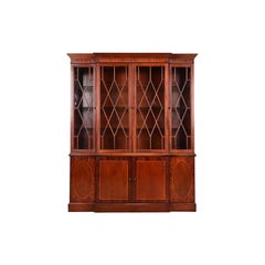 Baker Furniture Georgian Inlaid Mahogany Lighted Breakfront Bookcase Cabinet
