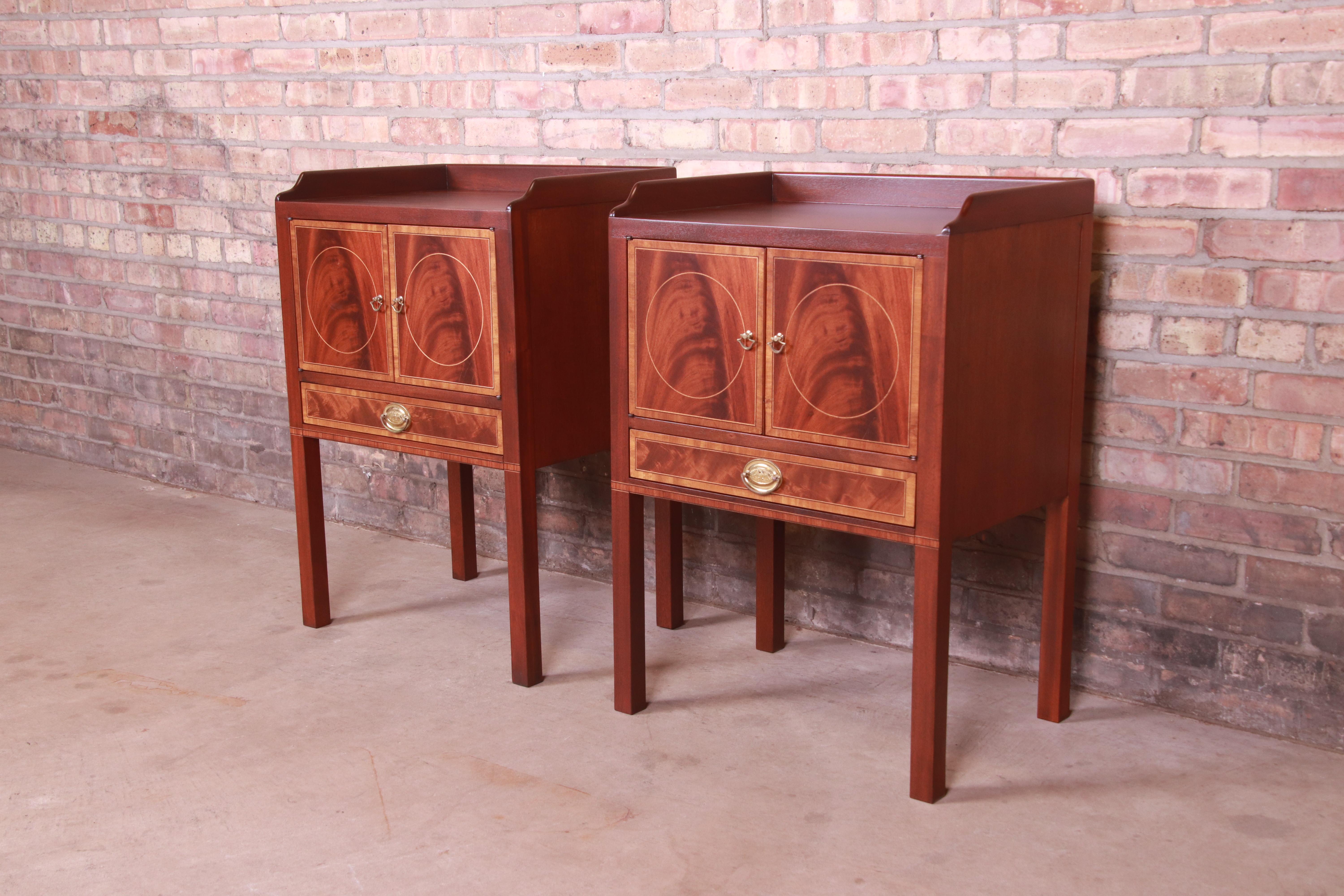 20th Century Baker Furniture Georgian Inlaid Mahogany Nightstands, Newly Refinished