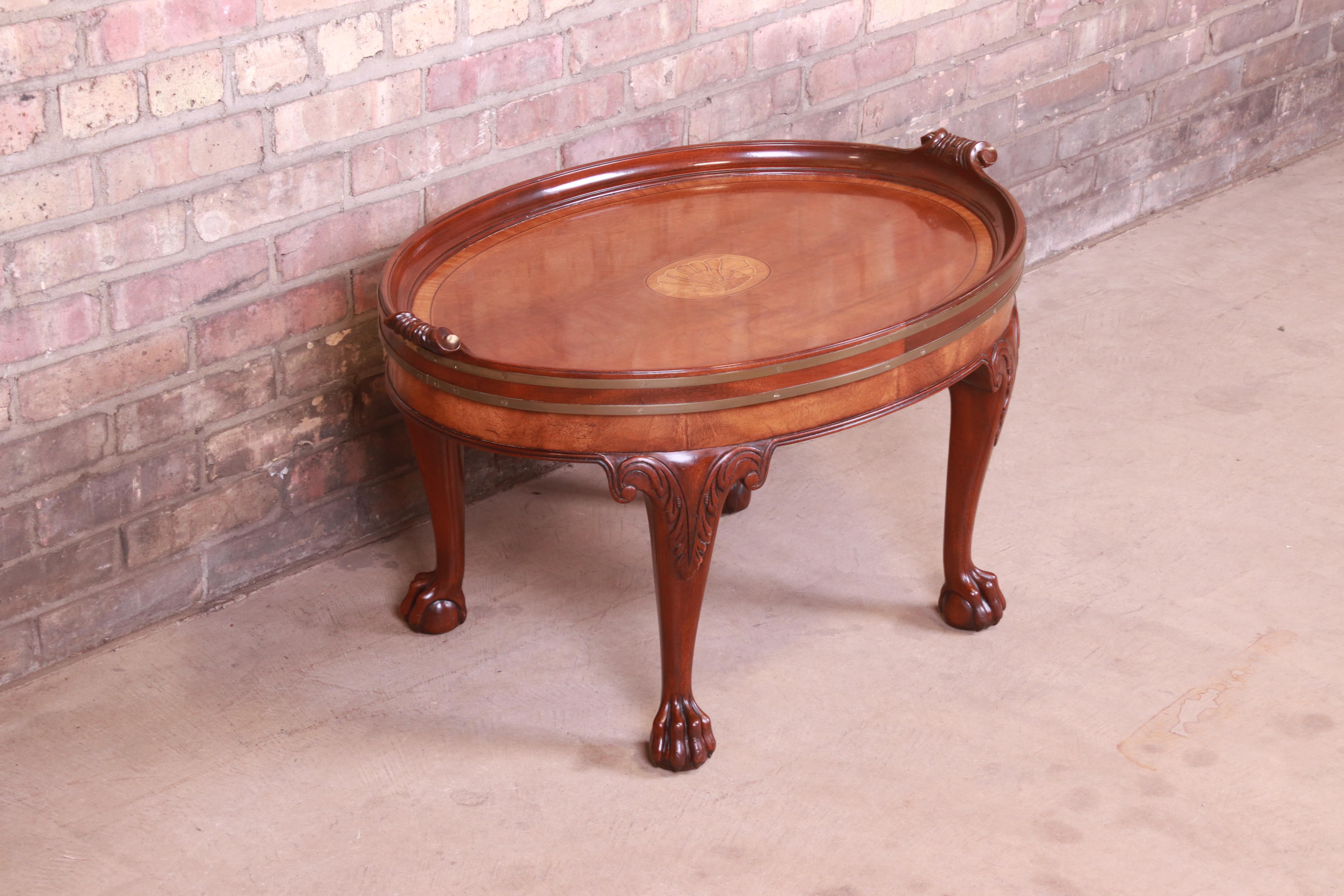 American Baker Furniture Georgian Mahogany and Brass Inlaid Marquetry Coffee Table
