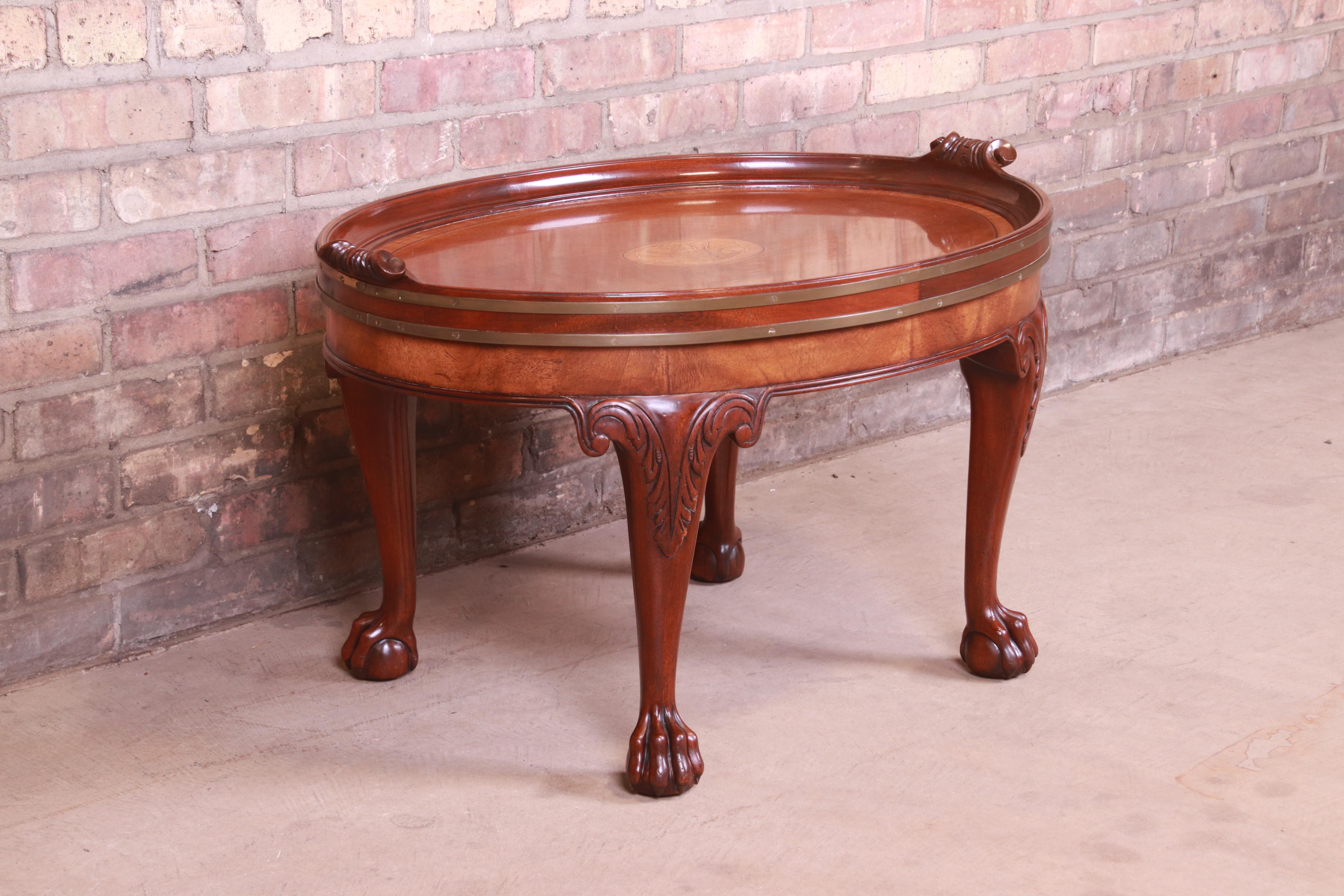 Baker Furniture Georgian Mahogany and Brass Inlaid Marquetry Coffee Table In Good Condition In South Bend, IN