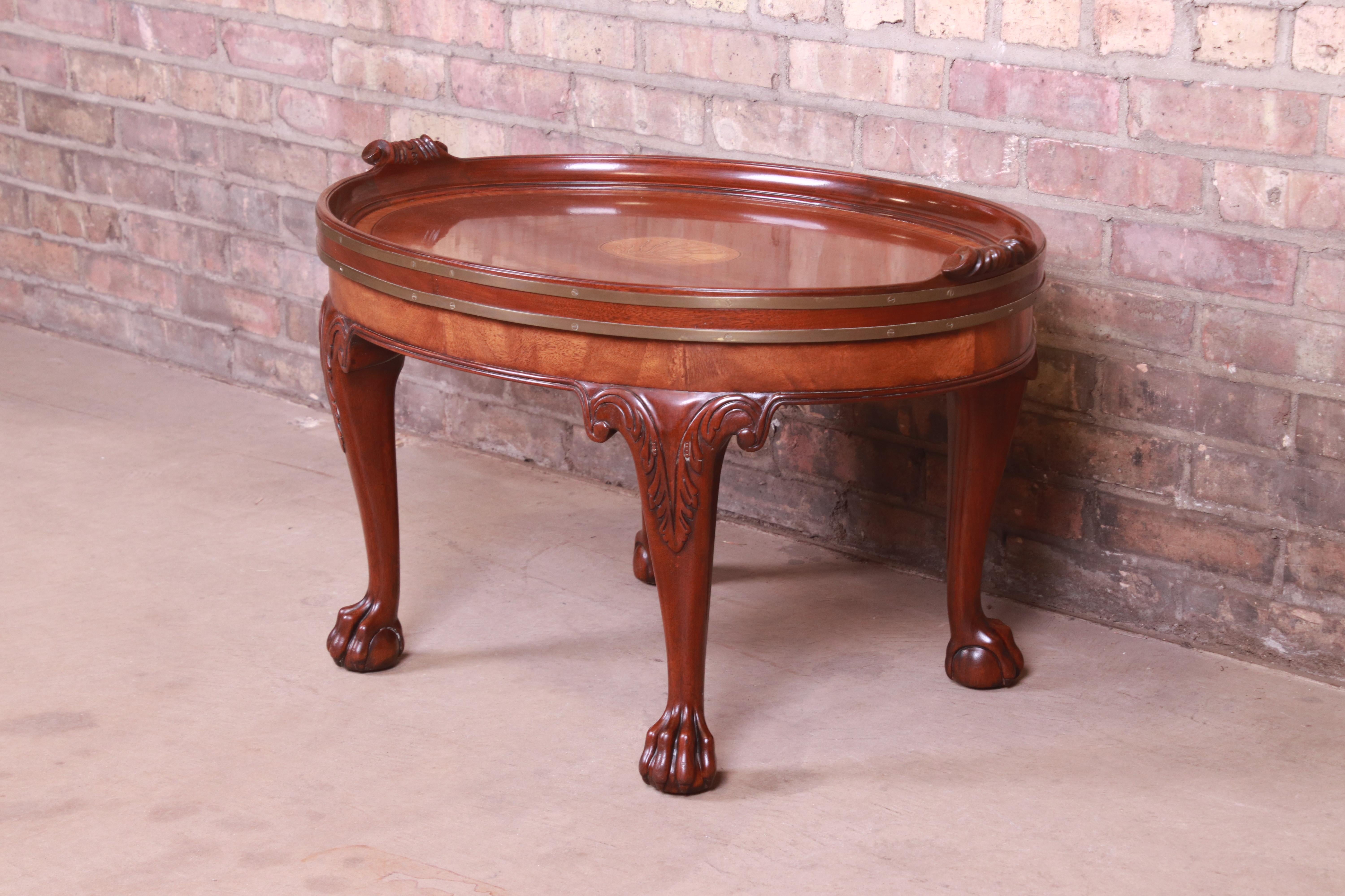 20th Century Baker Furniture Georgian Mahogany and Brass Inlaid Marquetry Coffee Table