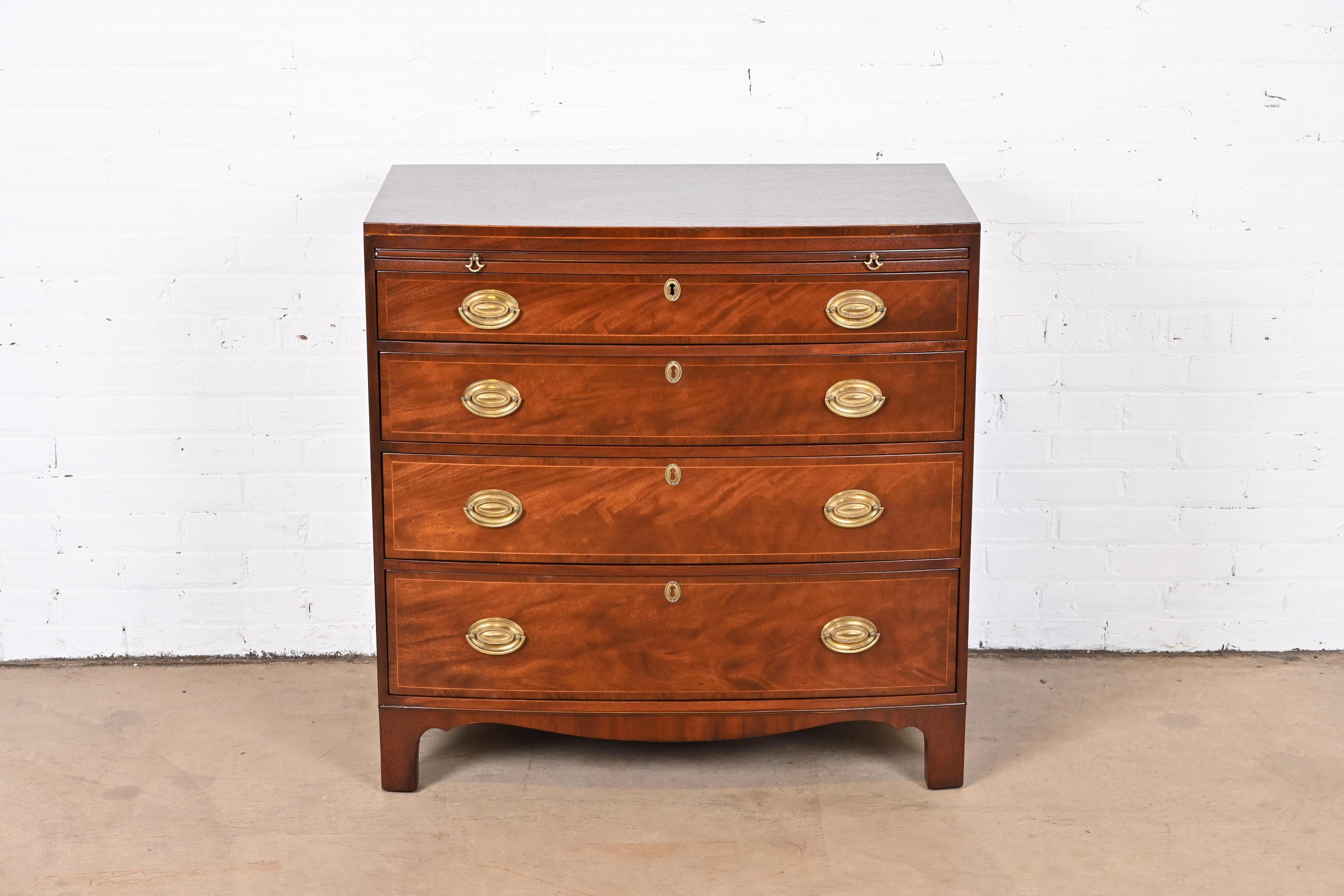20th Century Baker Furniture Georgian Mahogany Bow Front Bachelor Chest, Newly Refinished