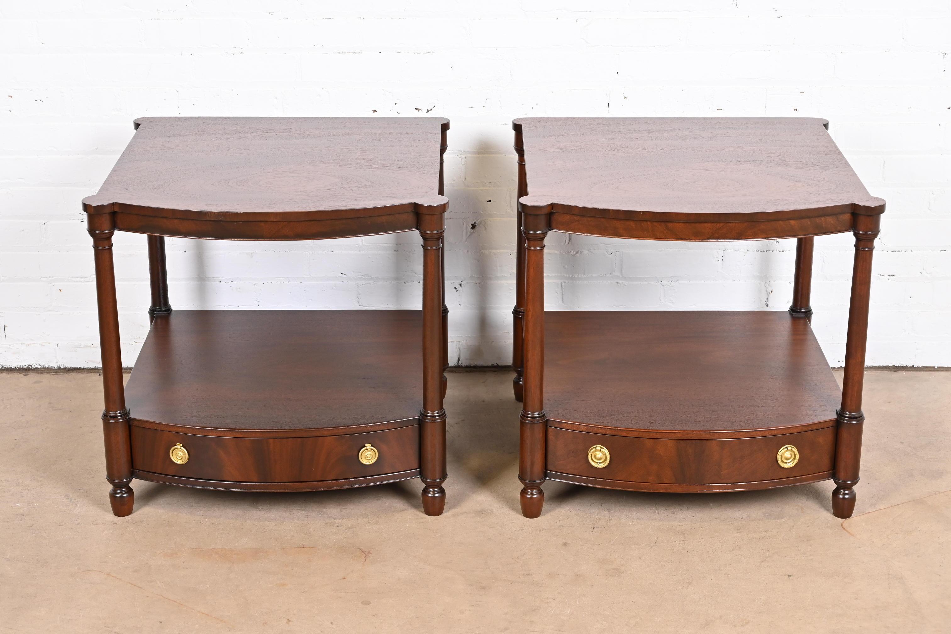 American Baker Furniture Georgian Mahogany Bow Front Bedside Tables, Newly Refinished