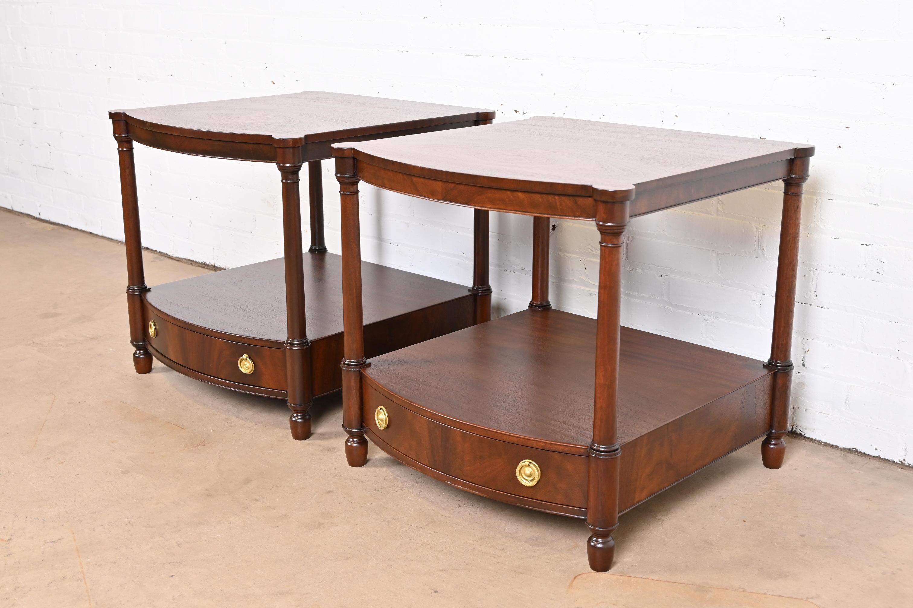20th Century Baker Furniture Georgian Mahogany Bow Front Bedside Tables, Newly Refinished