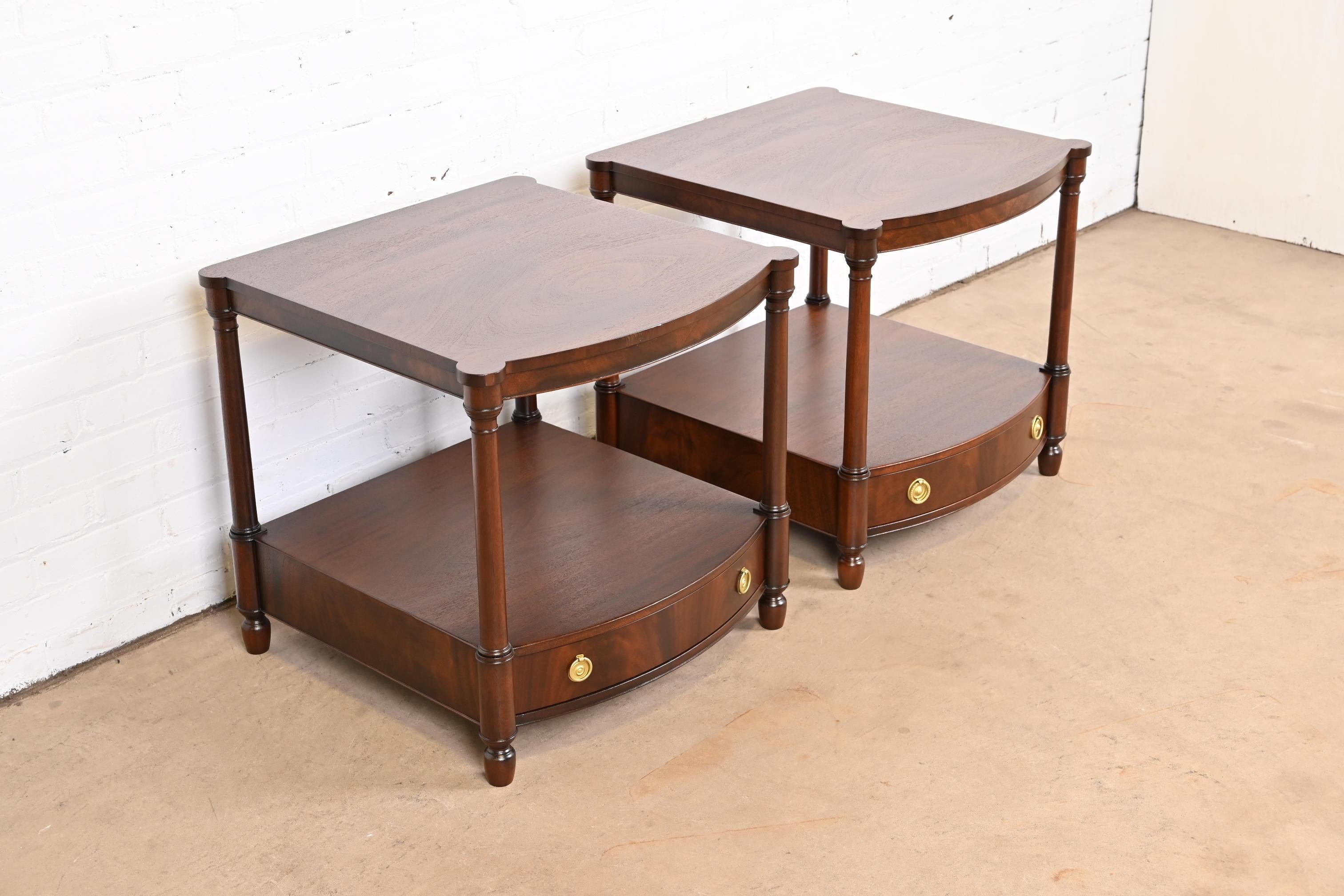 Brass Baker Furniture Georgian Mahogany Bow Front Bedside Tables, Newly Refinished