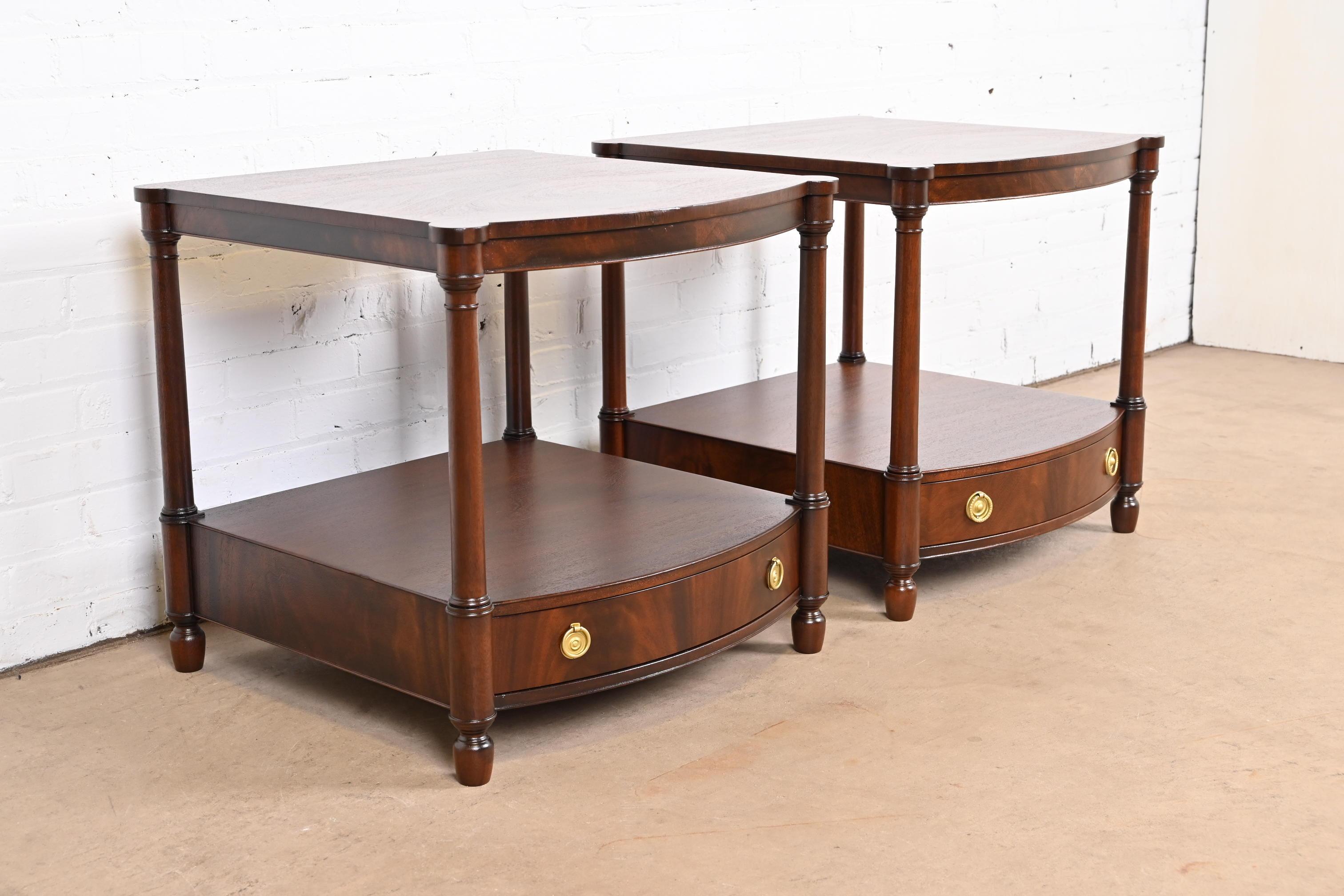 Baker Furniture Georgian Mahogany Bow Front Bedside Tables, Newly Refinished 1