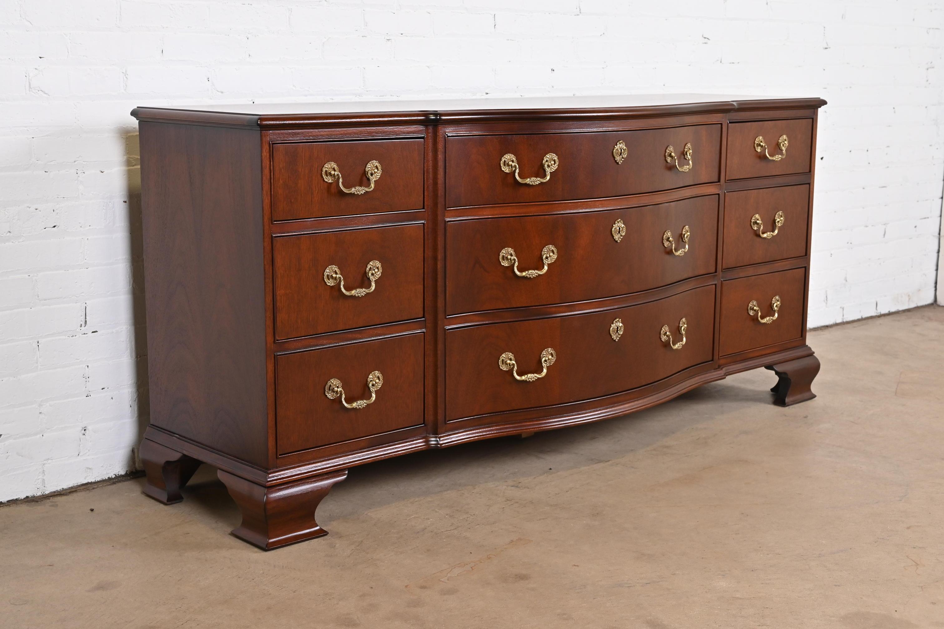 Brass Baker Furniture Georgian Mahogany Bow Front Long Dresser, Newly Refinished