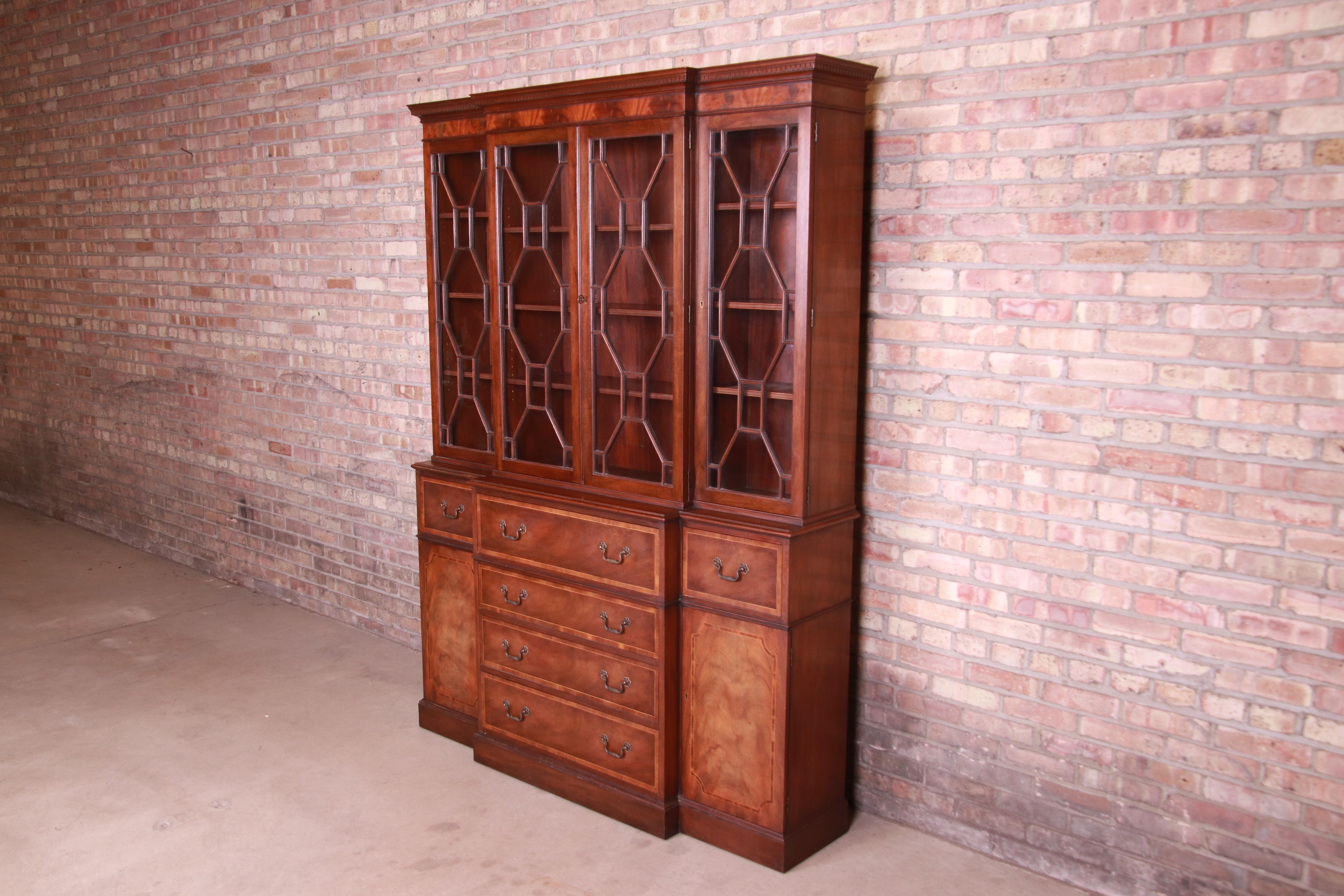 American Baker Furniture Georgian Mahogany Breakfront Bookcase Cabinet