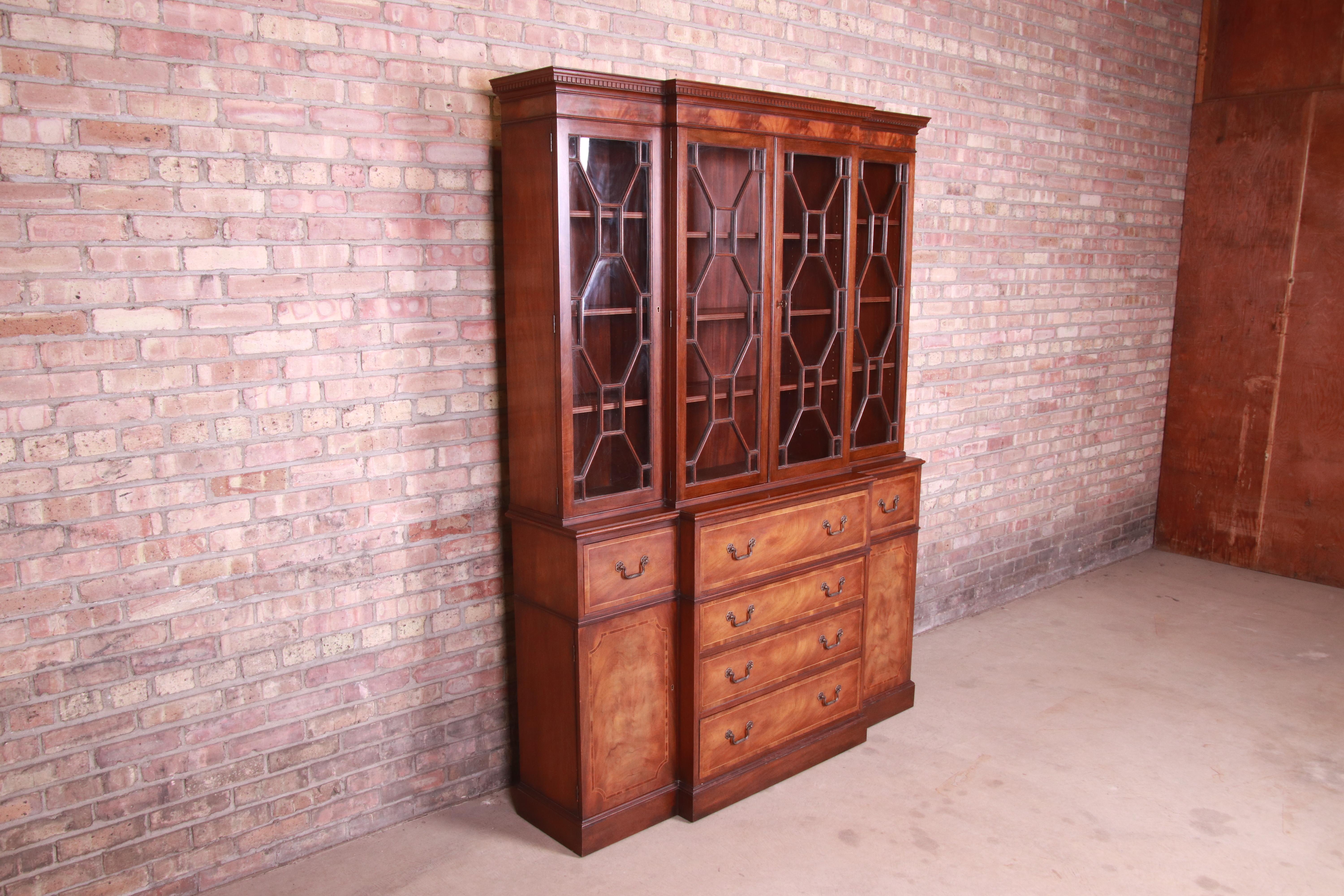 20th Century Baker Furniture Georgian Mahogany Breakfront Bookcase Cabinet
