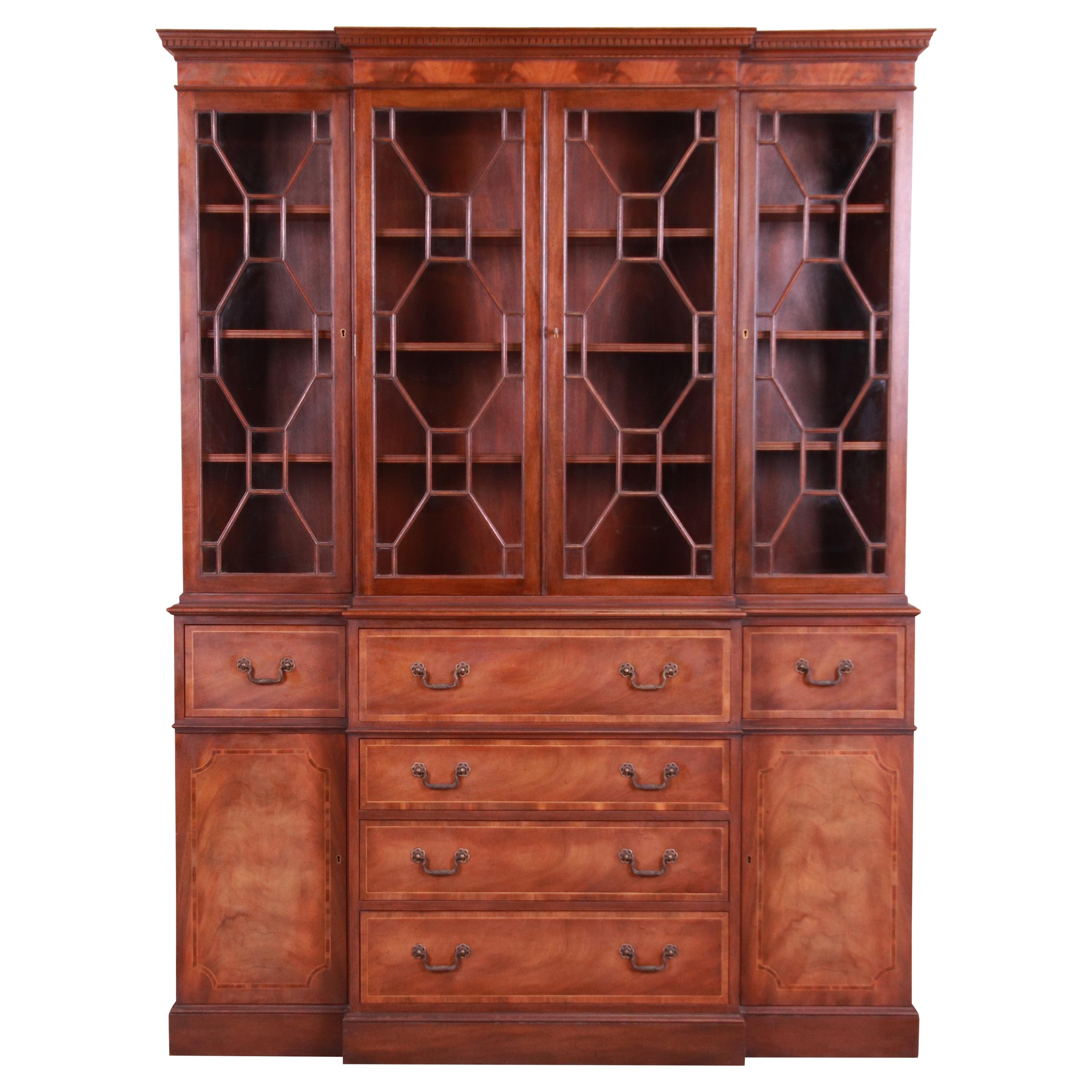 Baker Furniture Georgian Mahogany Breakfront Bookcase Cabinet