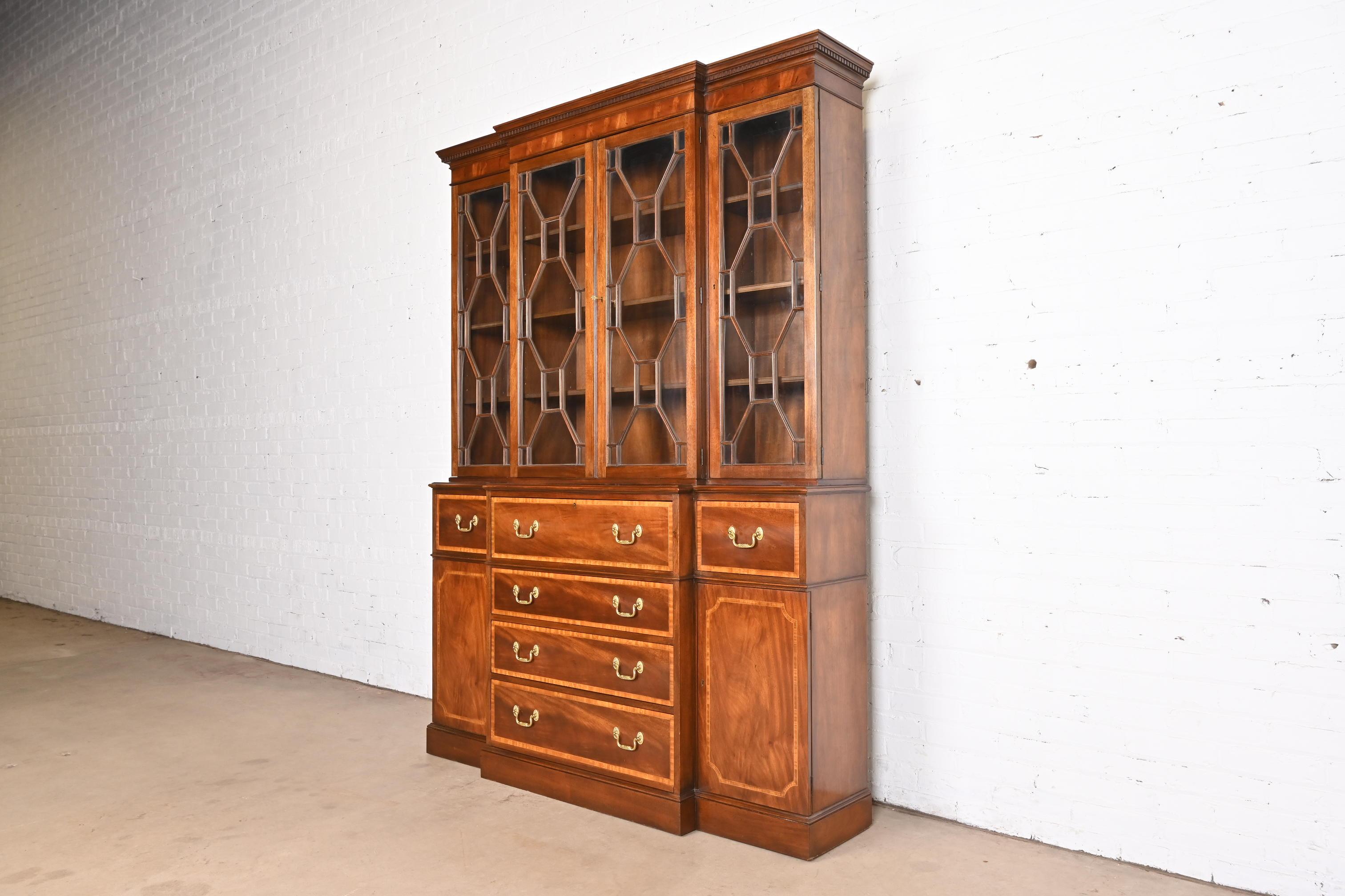 American Baker Furniture Georgian Mahogany Breakfront Bookcase With Secretary Desk For Sale